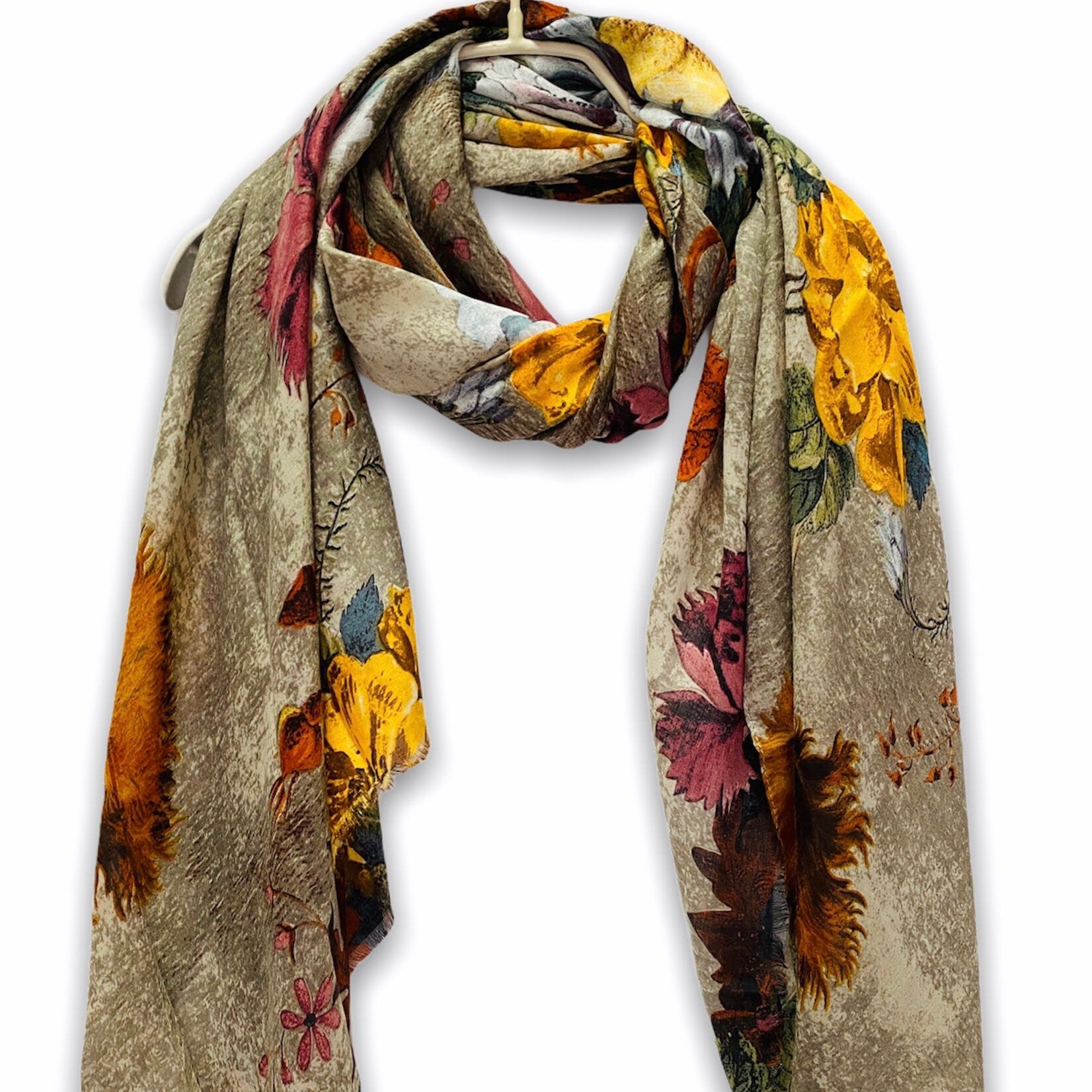 Vintage Peony Flowers Beige Cotton Scarf