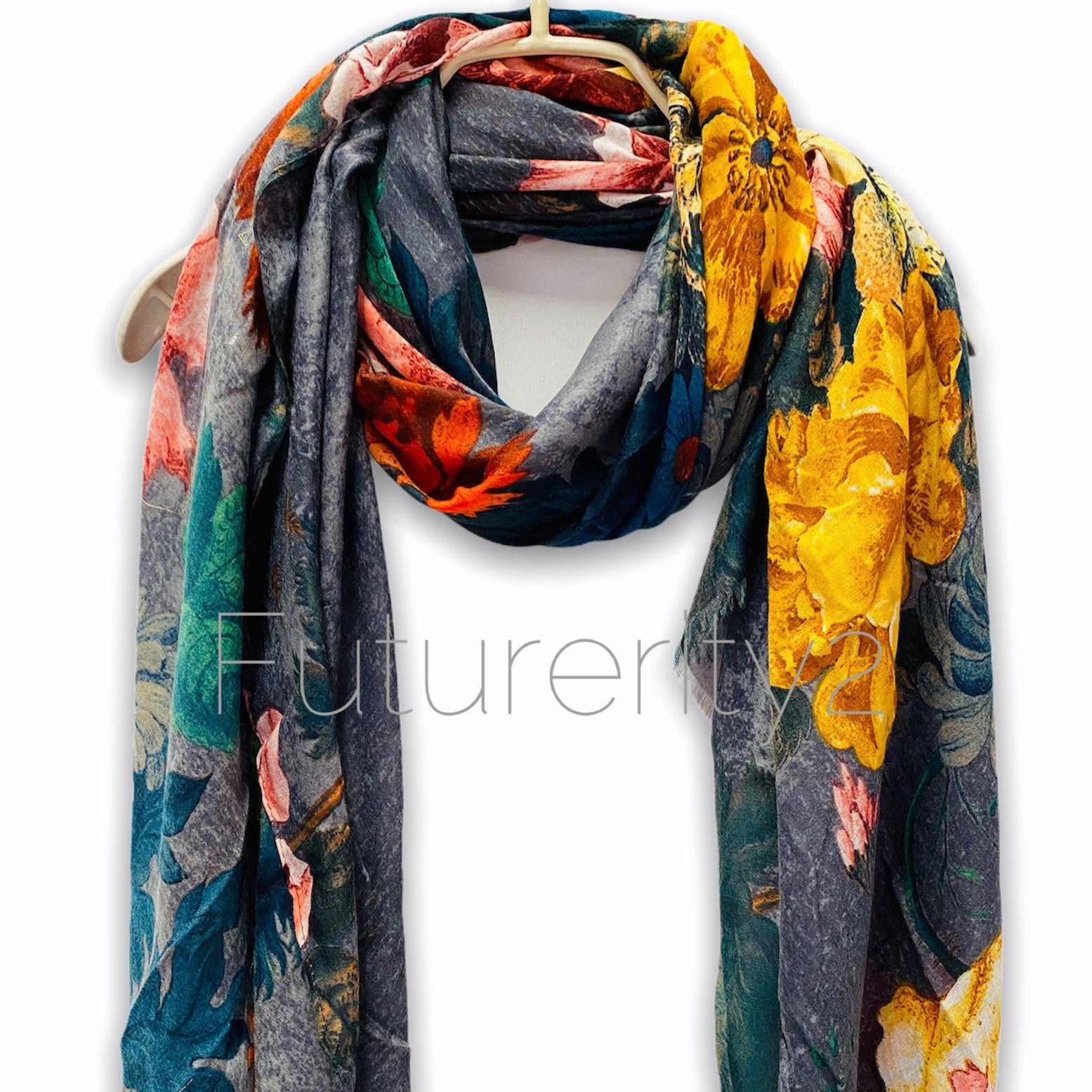 Vintage Peony Flowers Grey Cotton Scarf