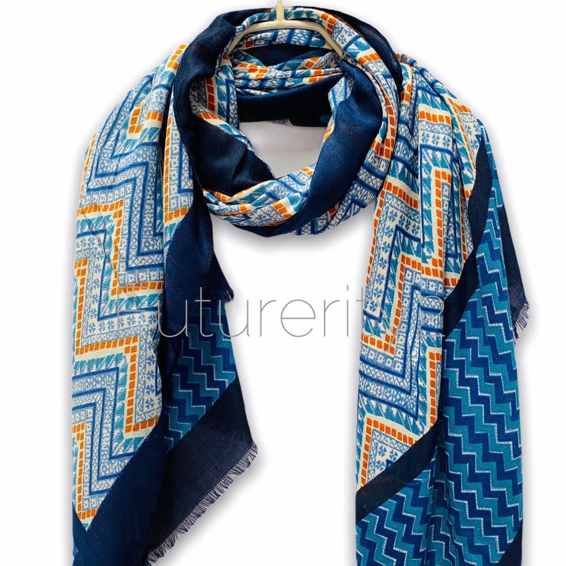 Bohemian Inspired Zigzag Pattern In Blue Cotton Blend Scarf
