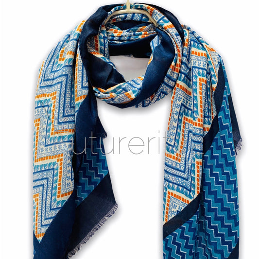 Bohemian Inspired Zigzag Pattern In Blue Cotton Blend Scarf,Spring Summer Autumn Scarf
