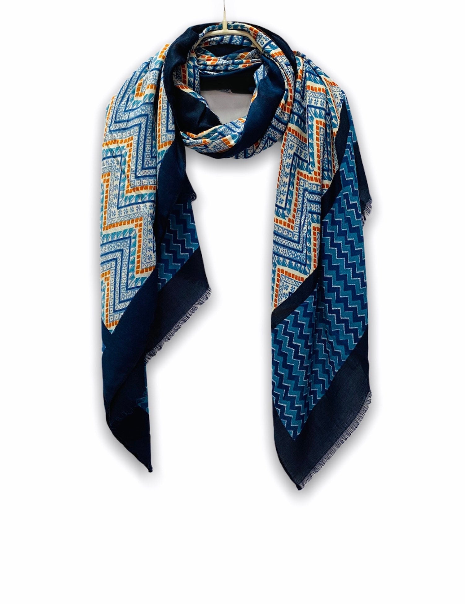 Bohemian Inspired Zigzag Pattern In Blue Cotton Blend Scarf