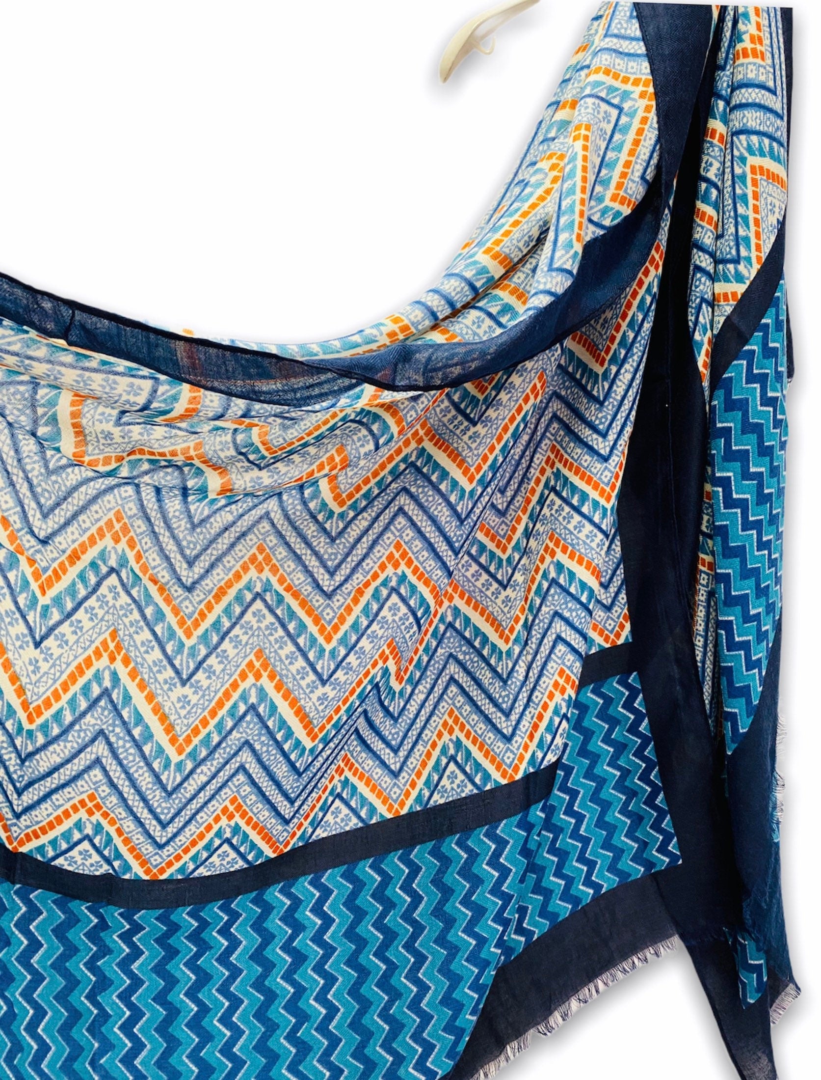 Bohemian Inspired Zigzag Pattern In Blue Cotton Blend Scarf