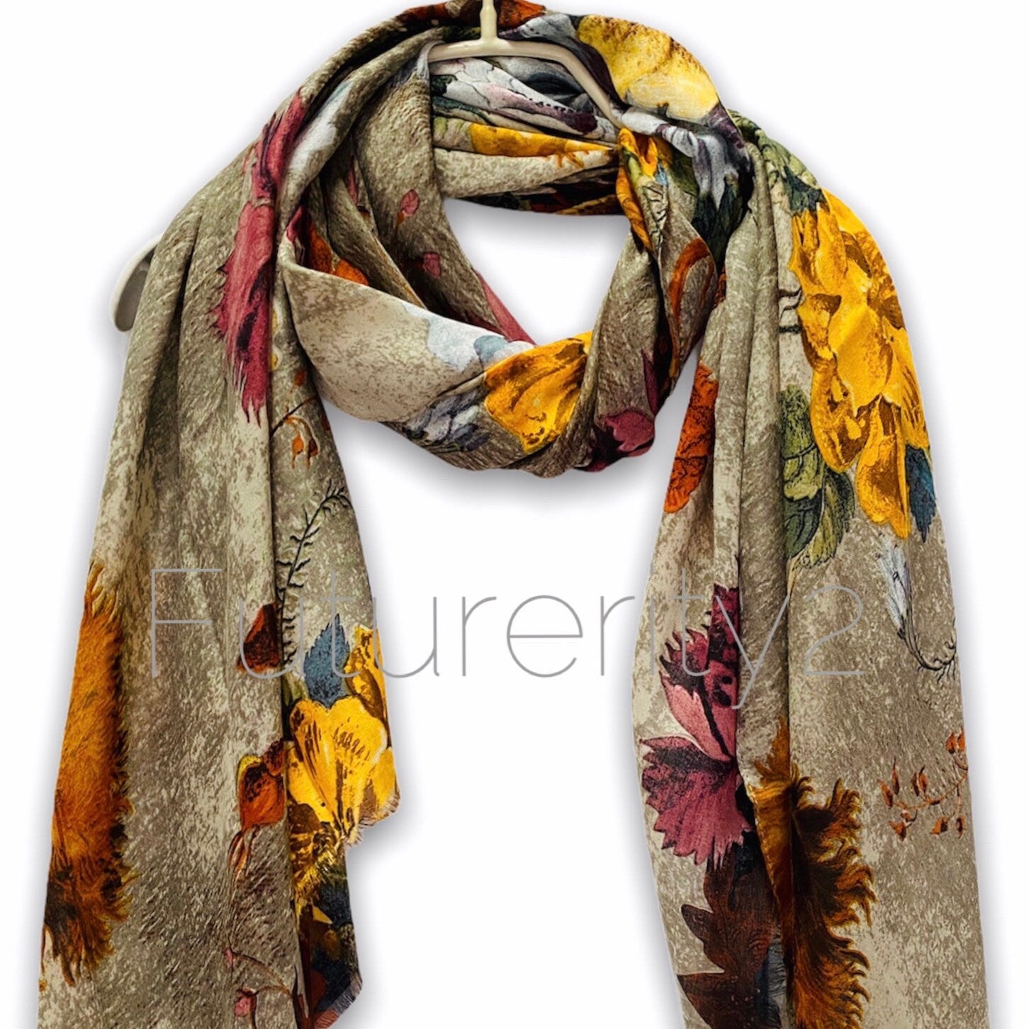 Vintage Peony Flowers Beige Cotton Scarf