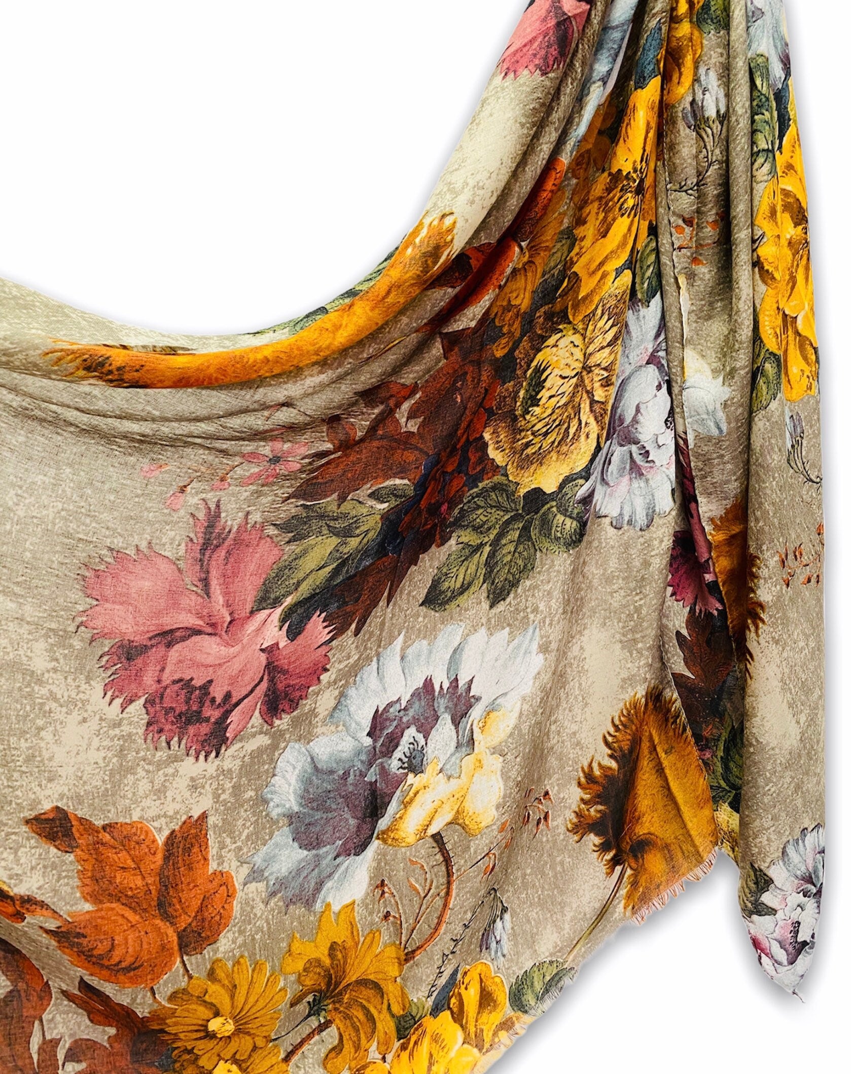 Vintage Peony Flowers Beige Cotton Scarf