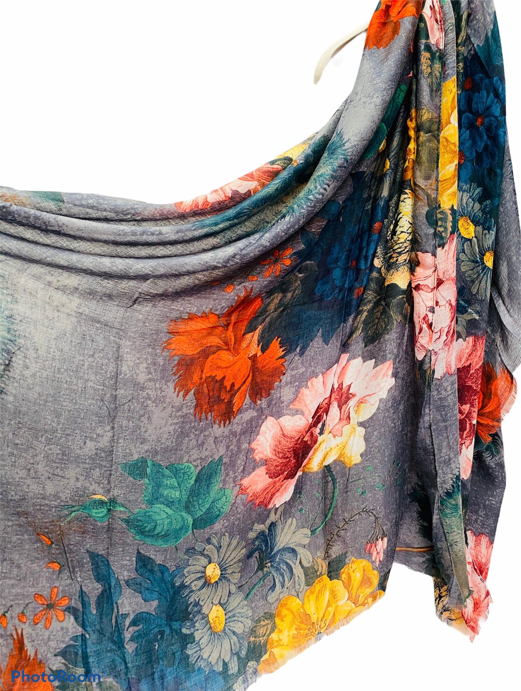 Vintage Peony Flowers Grey Cotton Scarf