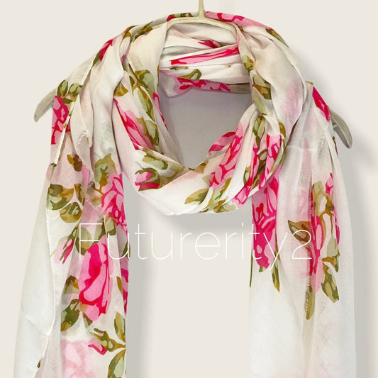 Watercolour Pink Roses White Cotton Scarf/Spring Summer Scarf/Gifts For Her/Gifts For Mom/Scarves Women/Birthday Gifts