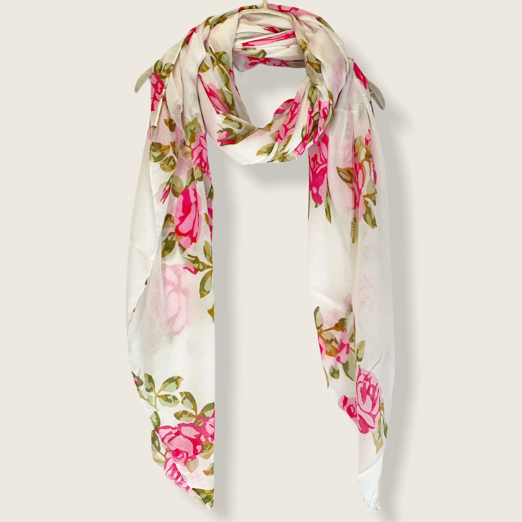 Watercolour Pink Roses White Cotton Scarf