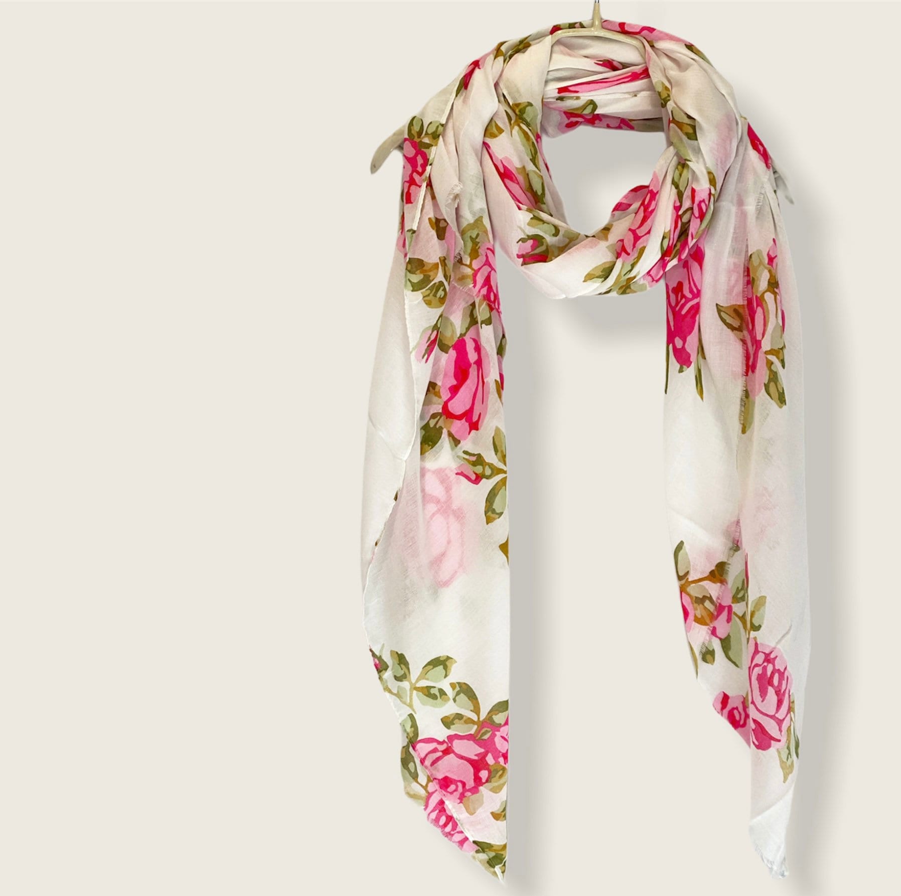 Watercolour Pink Roses White Cotton Scarf