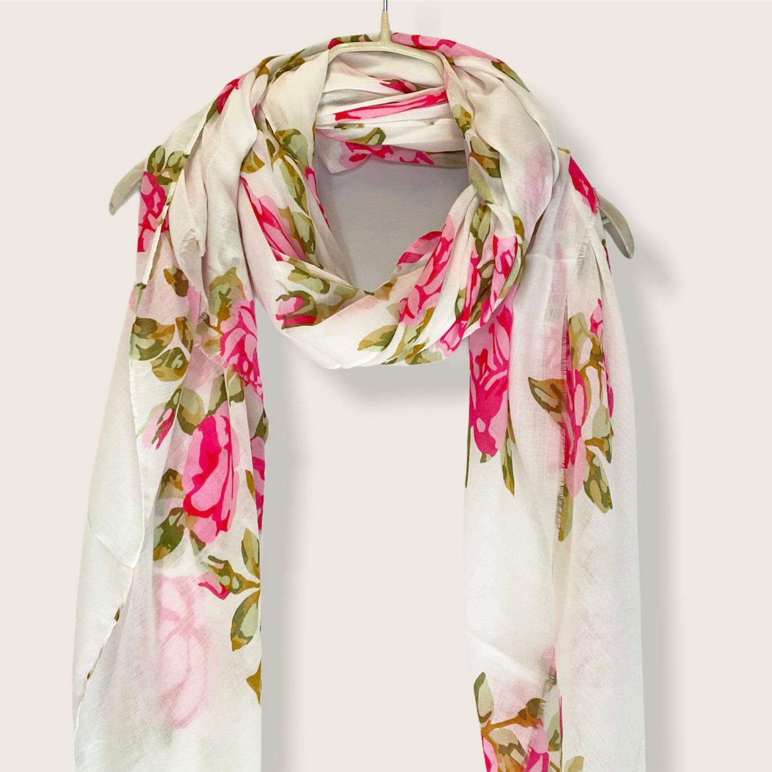 Watercolour Pink Roses White Cotton Scarf