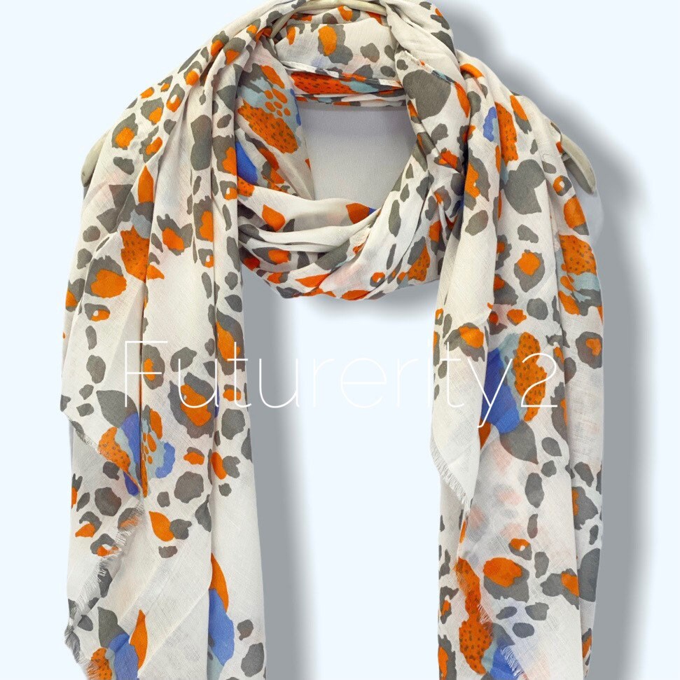 Seamless Beige Leopard Pattern Off White Cotton Scarf