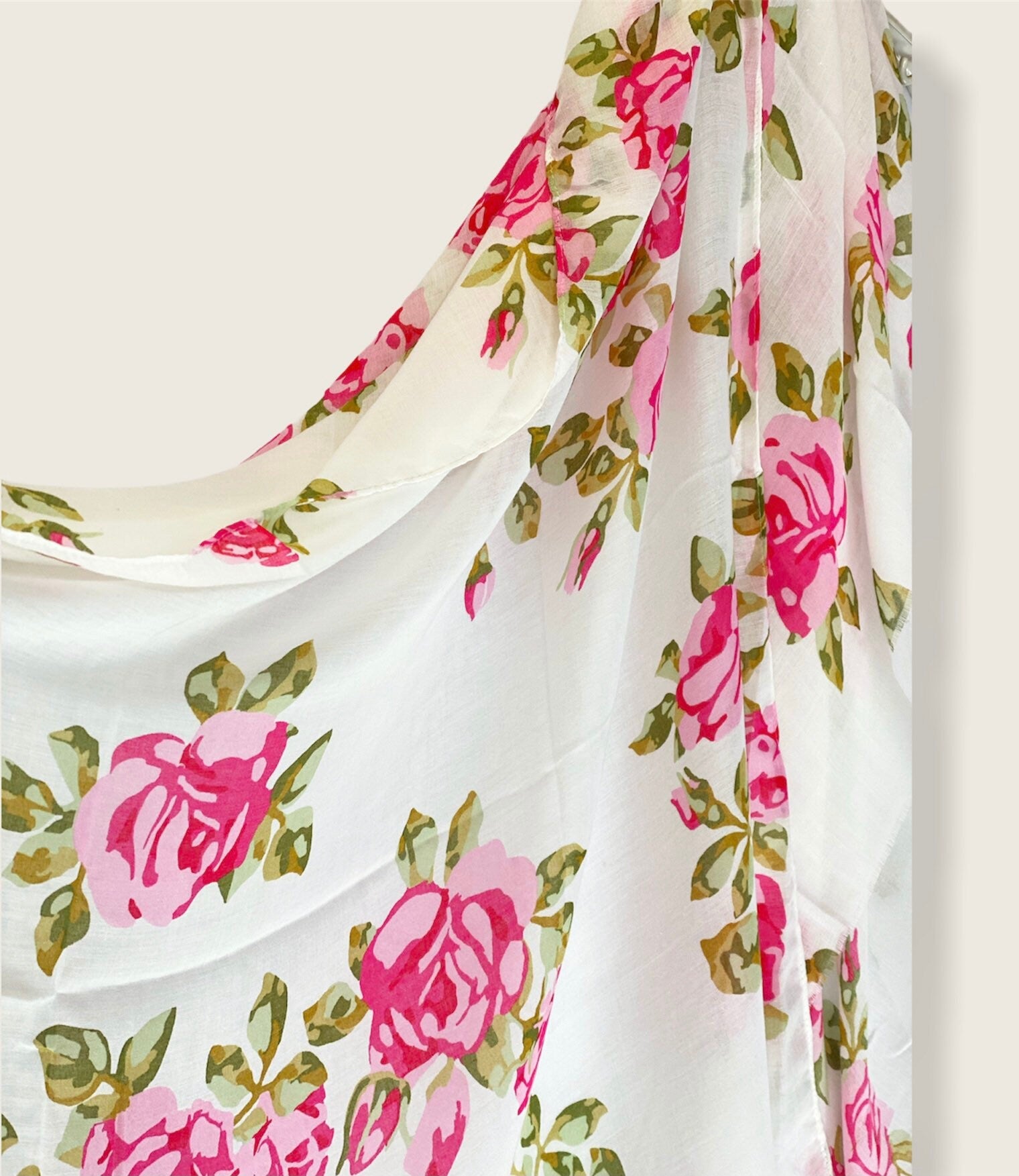 Watercolour Pink Roses White Cotton Scarf