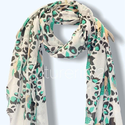 Seamless Light Blue Leopard Off White Cotton Scarf/Spring Summer Scarf/Scarf Women/Gifts For Mom/Gifts For Her/Birthday Christmas Gifts