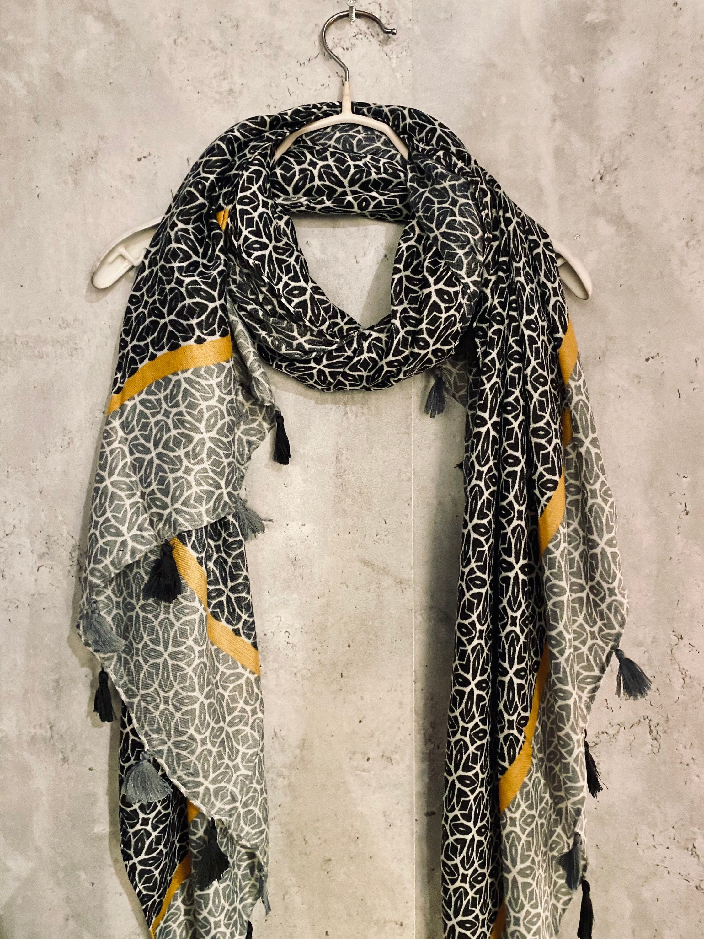 Bohemian inspired In Black Grey With Tassels Cotton Blend Scarf
