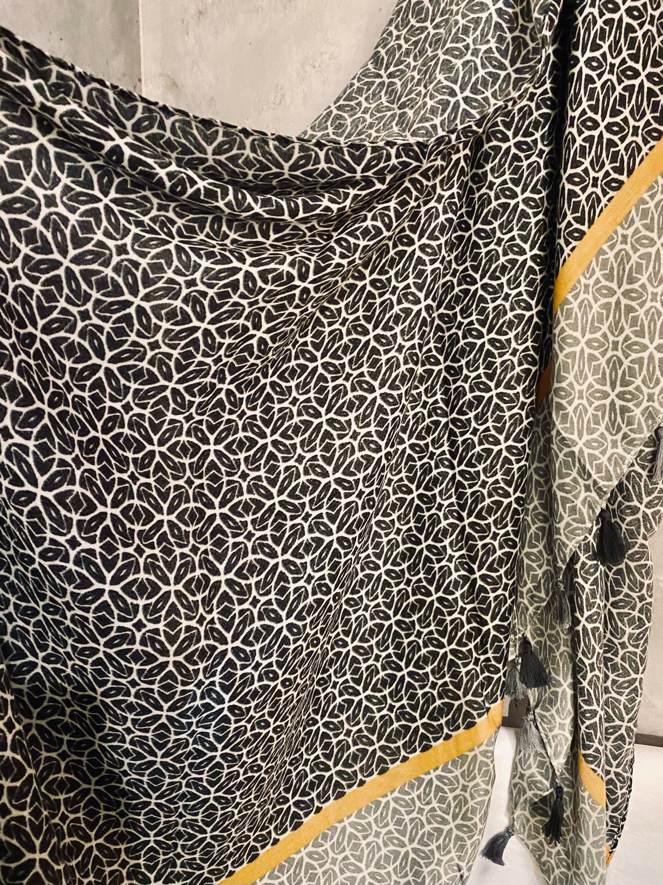 Bohemian inspired In Black Grey With Tassels Cotton Blend Scarf