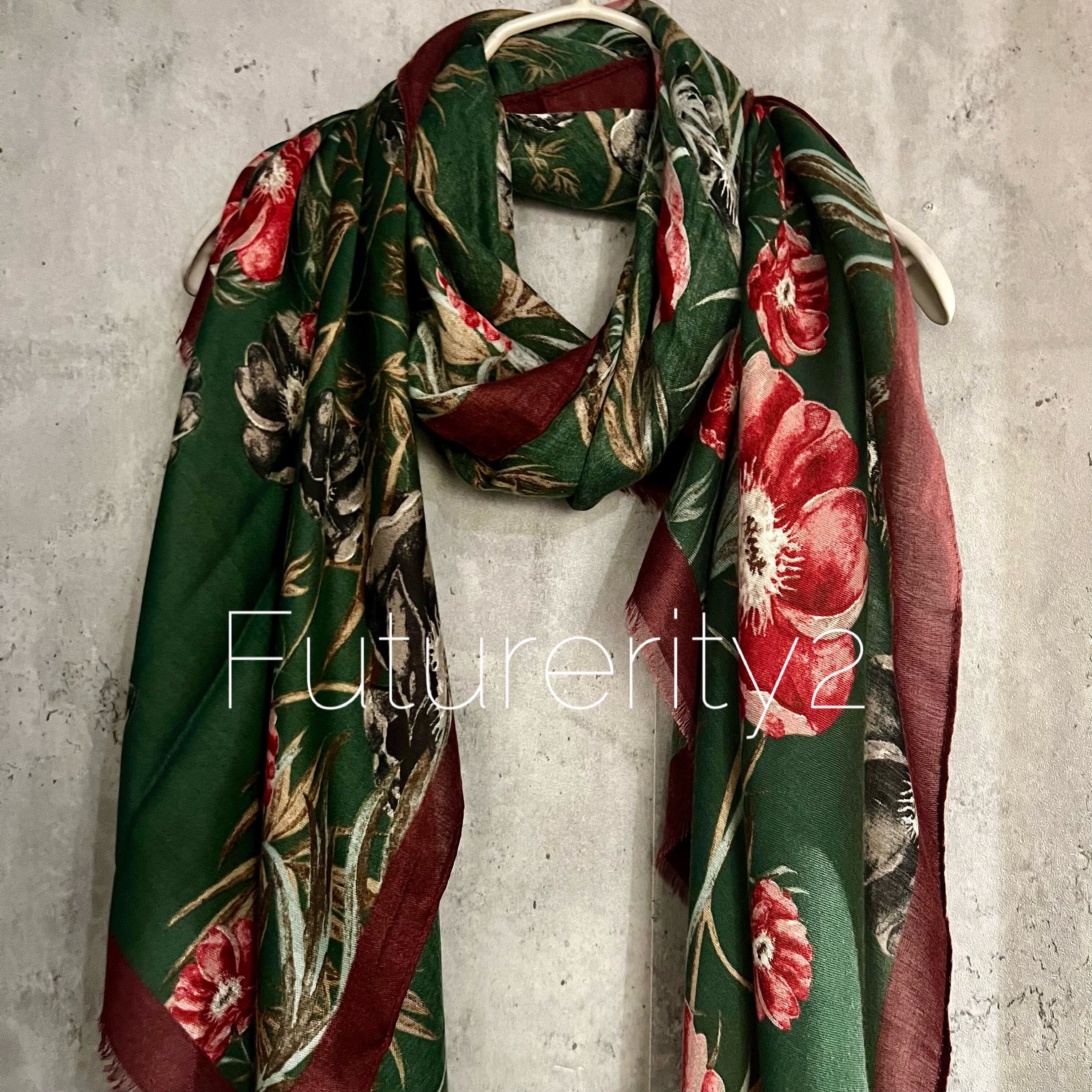 Vintage Poppy Flowers Green  Cotton Scarf
