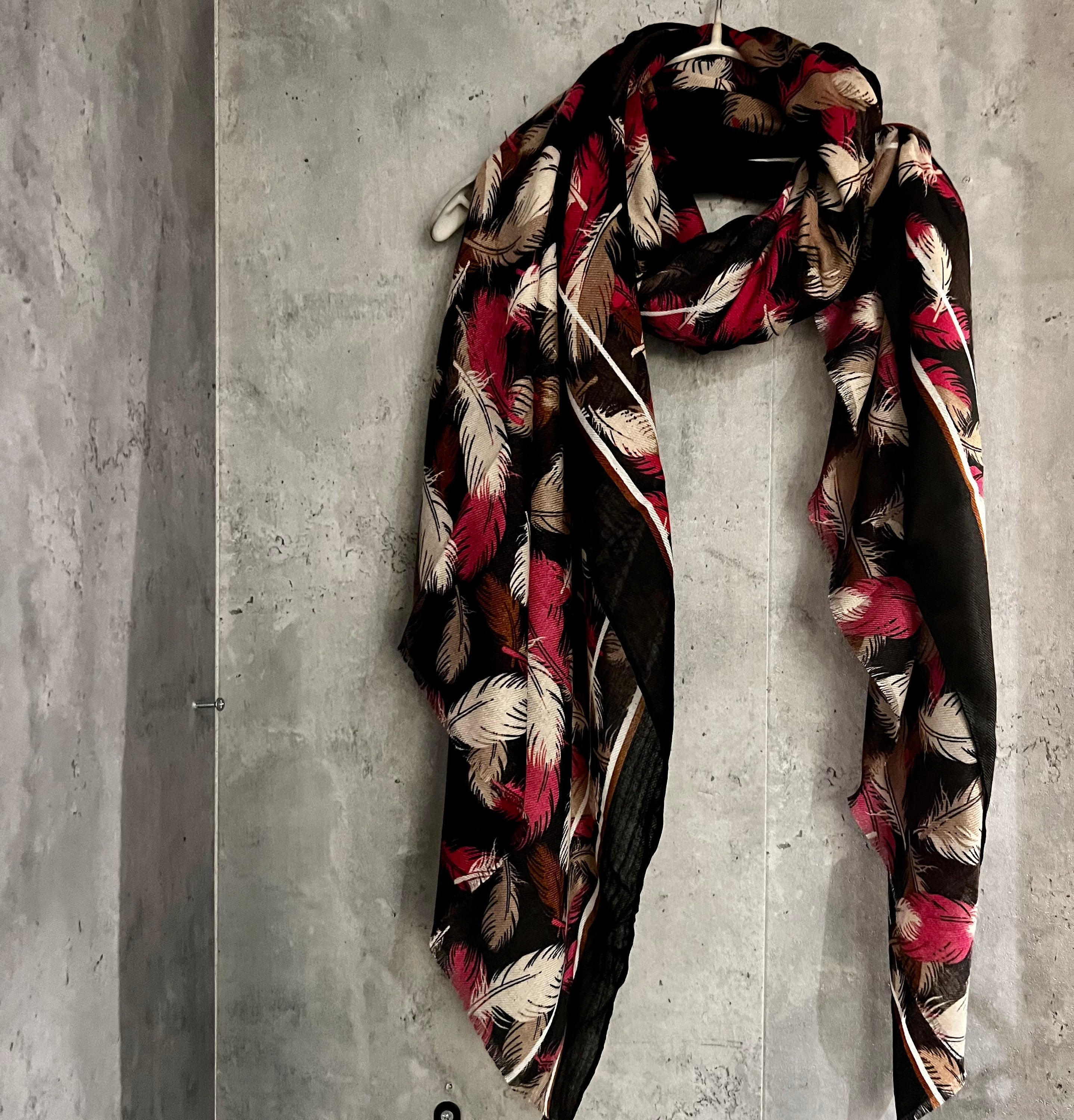 Black Cotton Scarf with Floating White Pink Feathers – A Stylish and Versatile Gift for Her