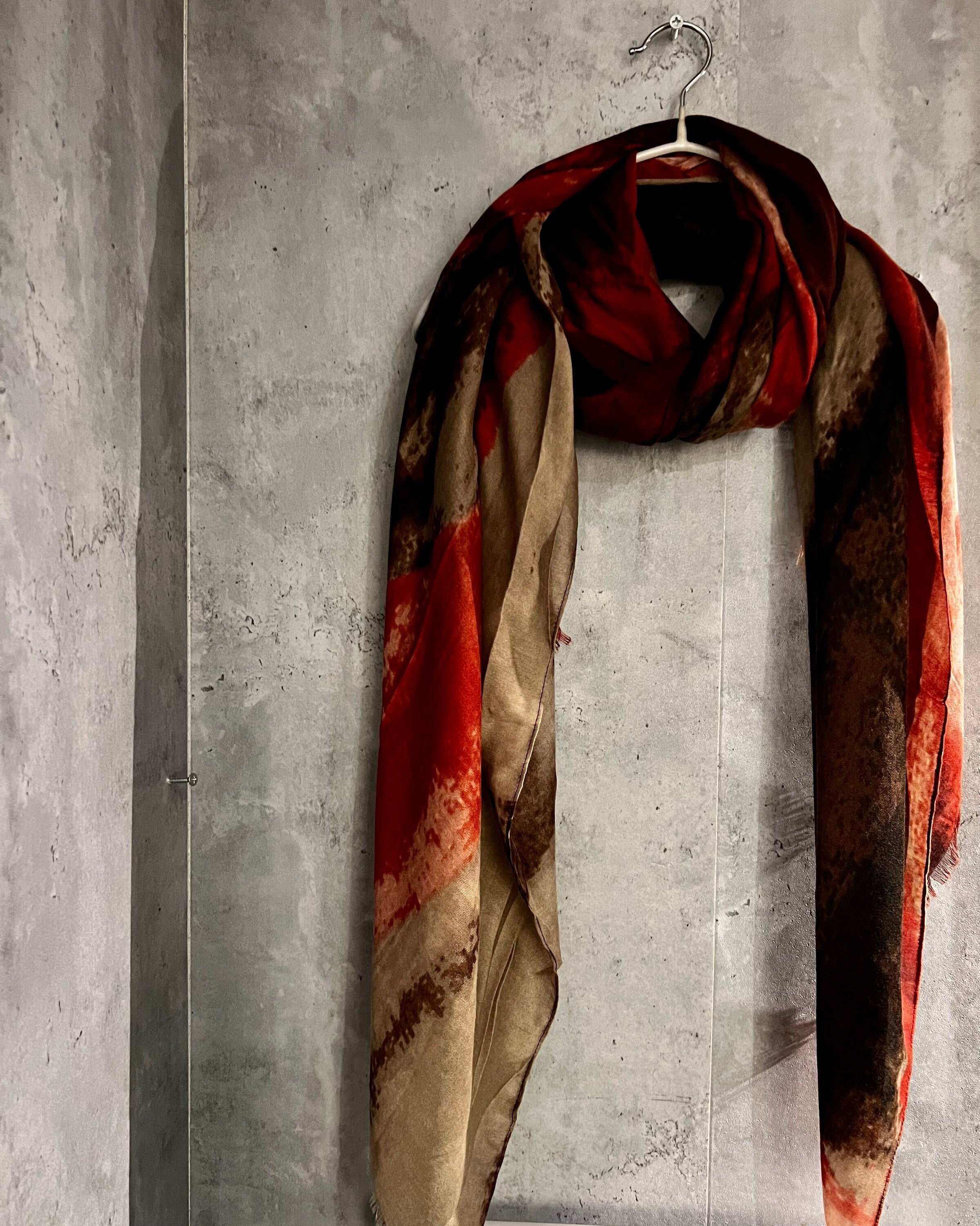 Brushstrokes Pattern Red Beige Cotton Blend Scarf