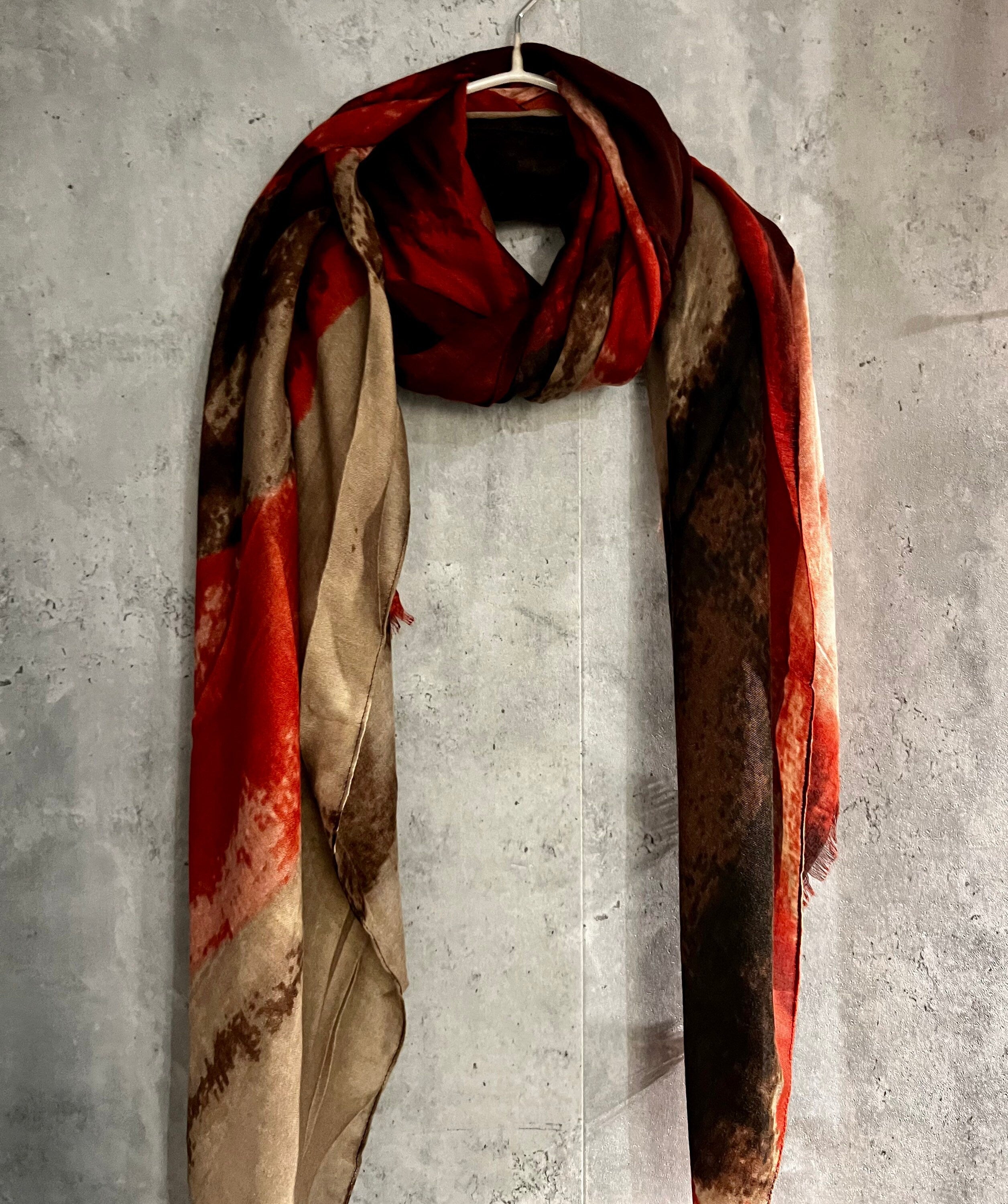 Brushstrokes Pattern Red Beige Cotton Blend Scarf