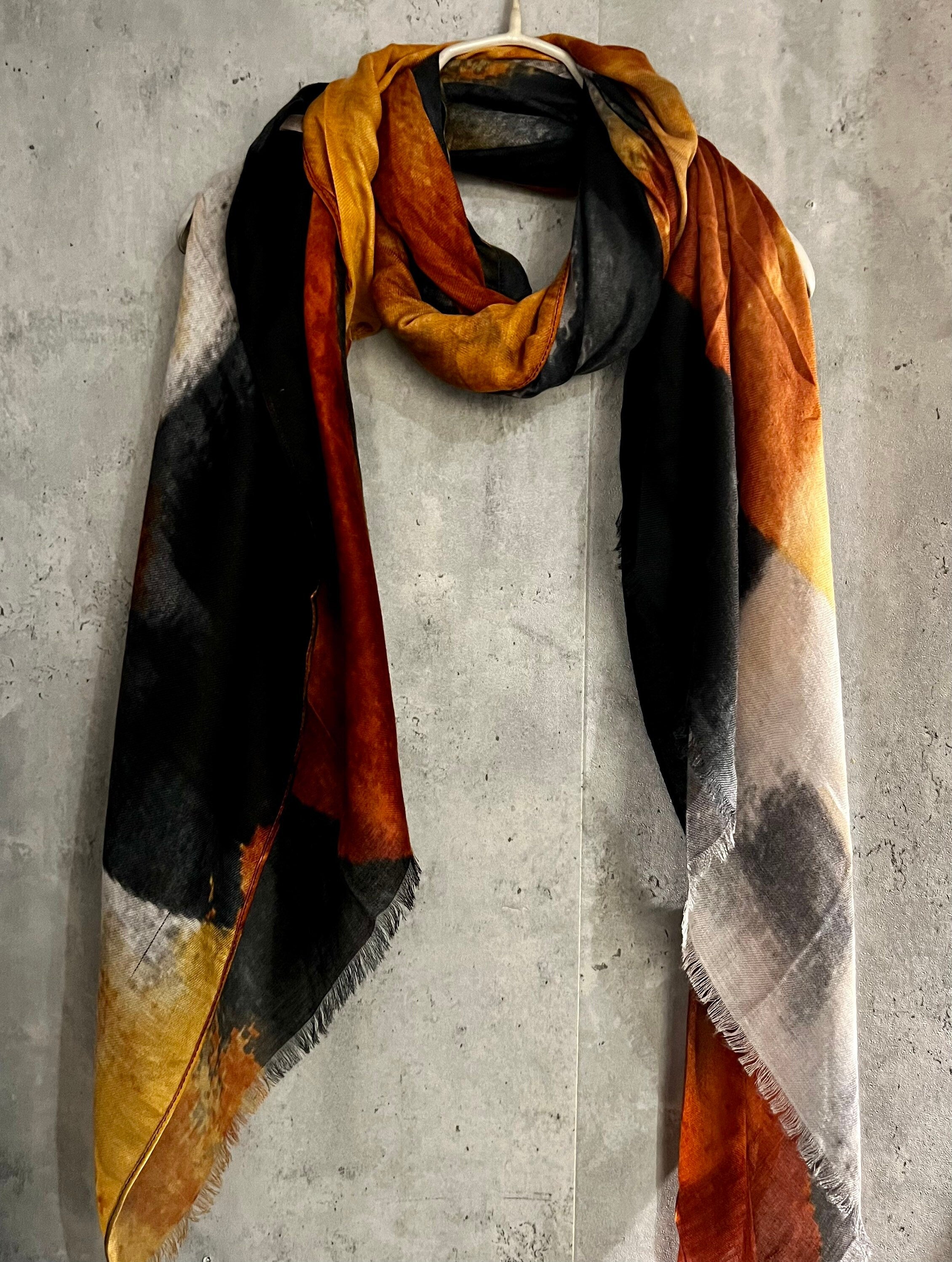 Brushstrokes Pattern Orange Black Cotton Blend Scarf
