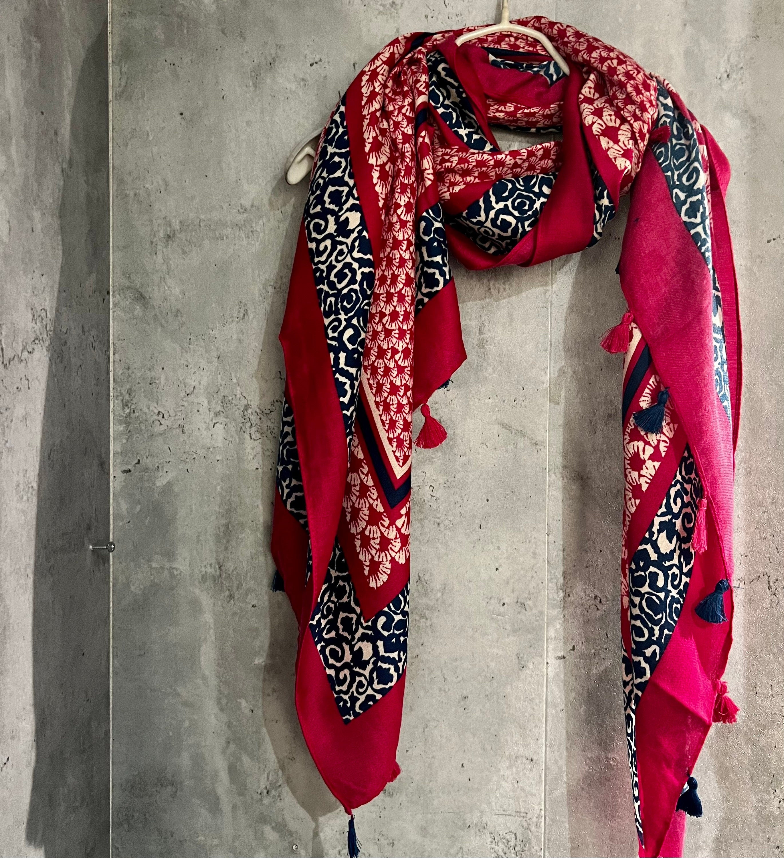 Seamless Mosaic Pattern With Tassels Pink Cotton Scarf