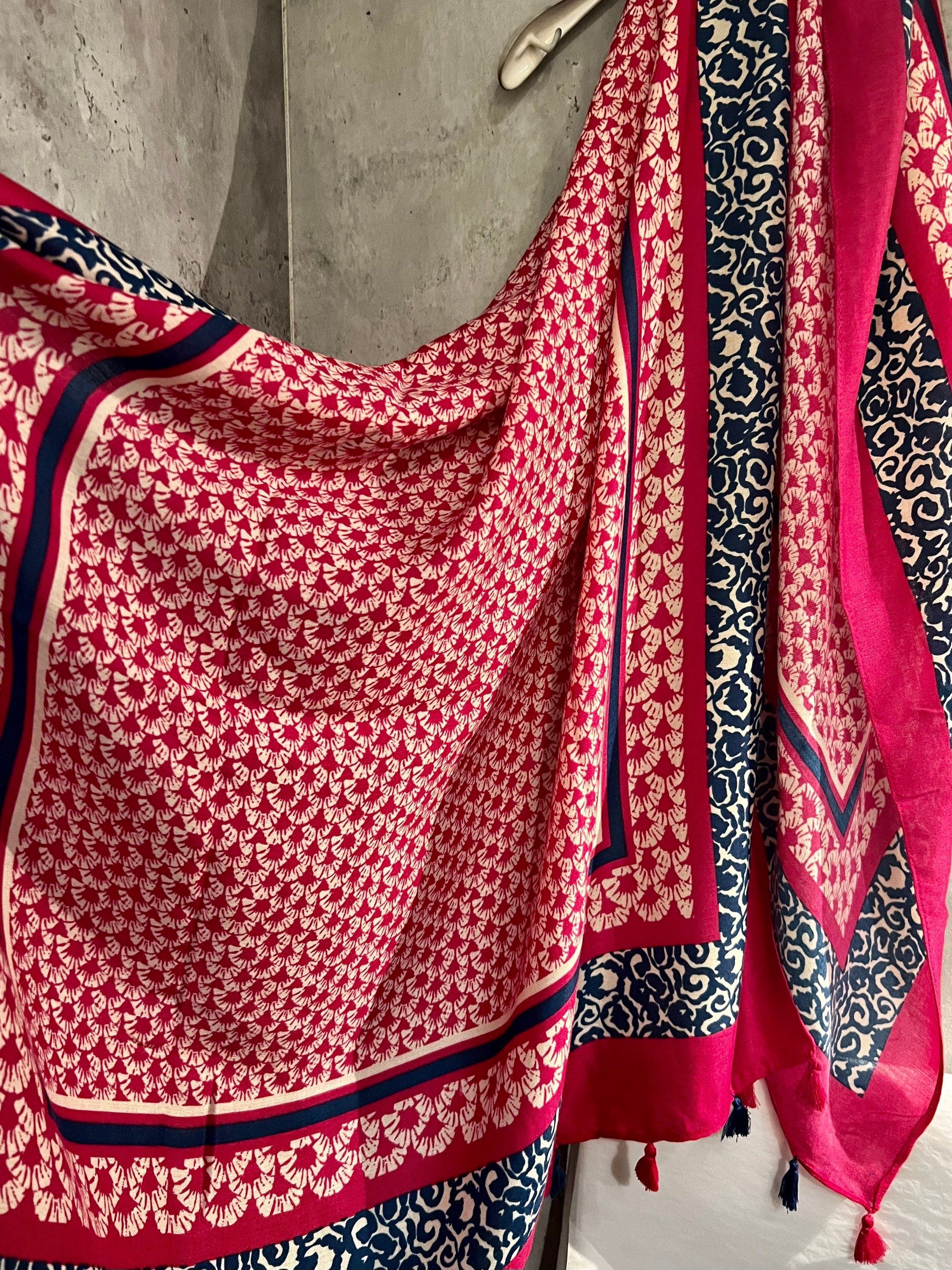 Seamless Mosaic Pattern With Tassels Pink Cotton Scarf