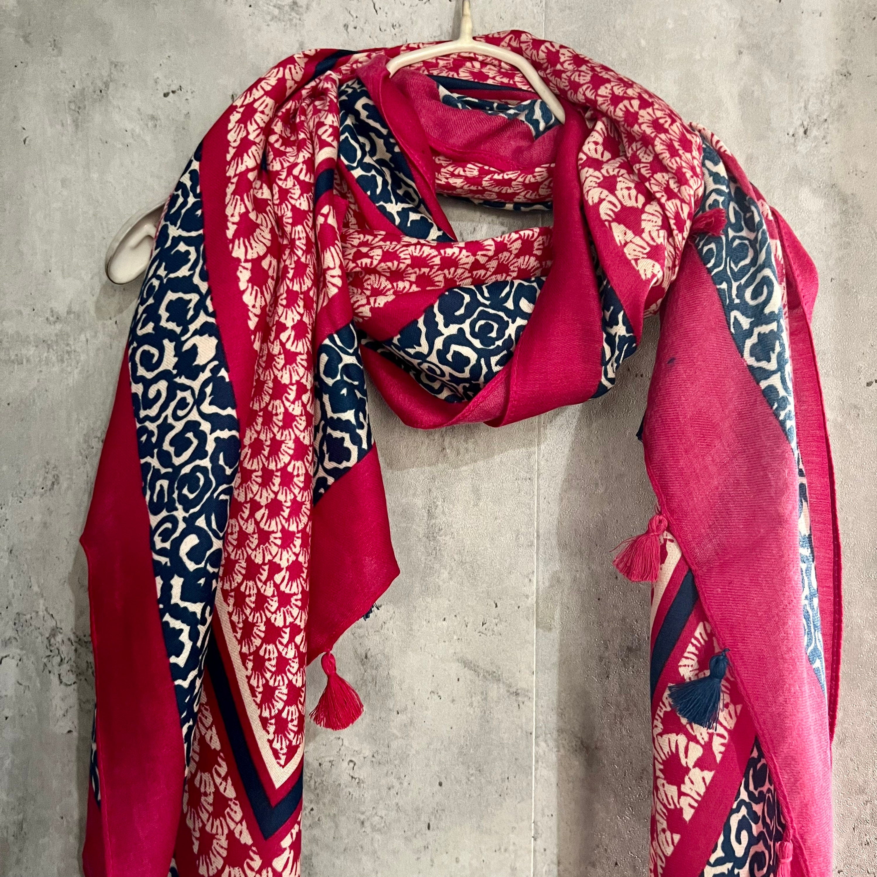 Seamless Mosaic Pattern With Tassels Pink Cotton Scarf