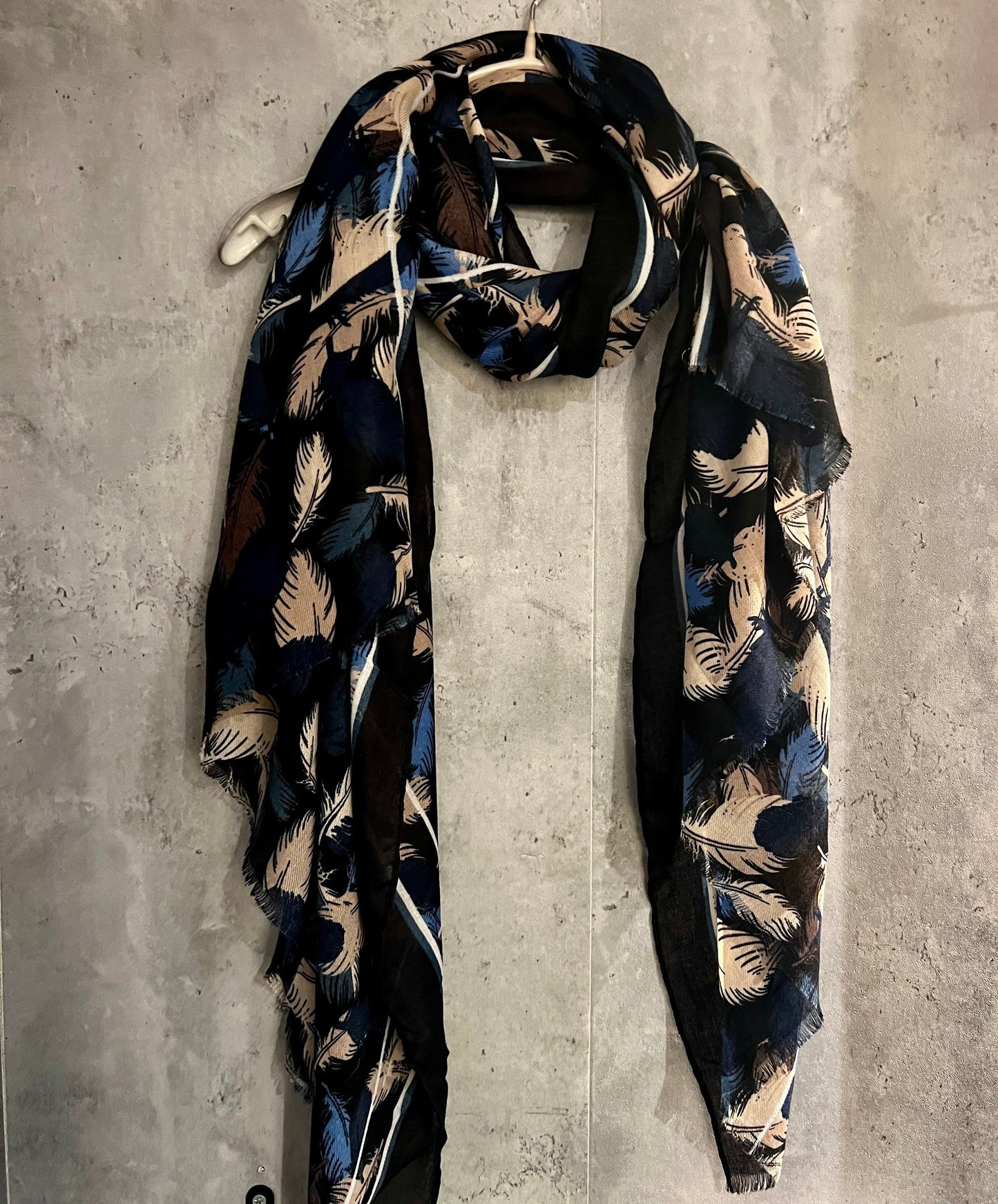 Black Cotton Scarf with Floating Blue Beige Feathers – A Stylish and Versatile Gift for Her