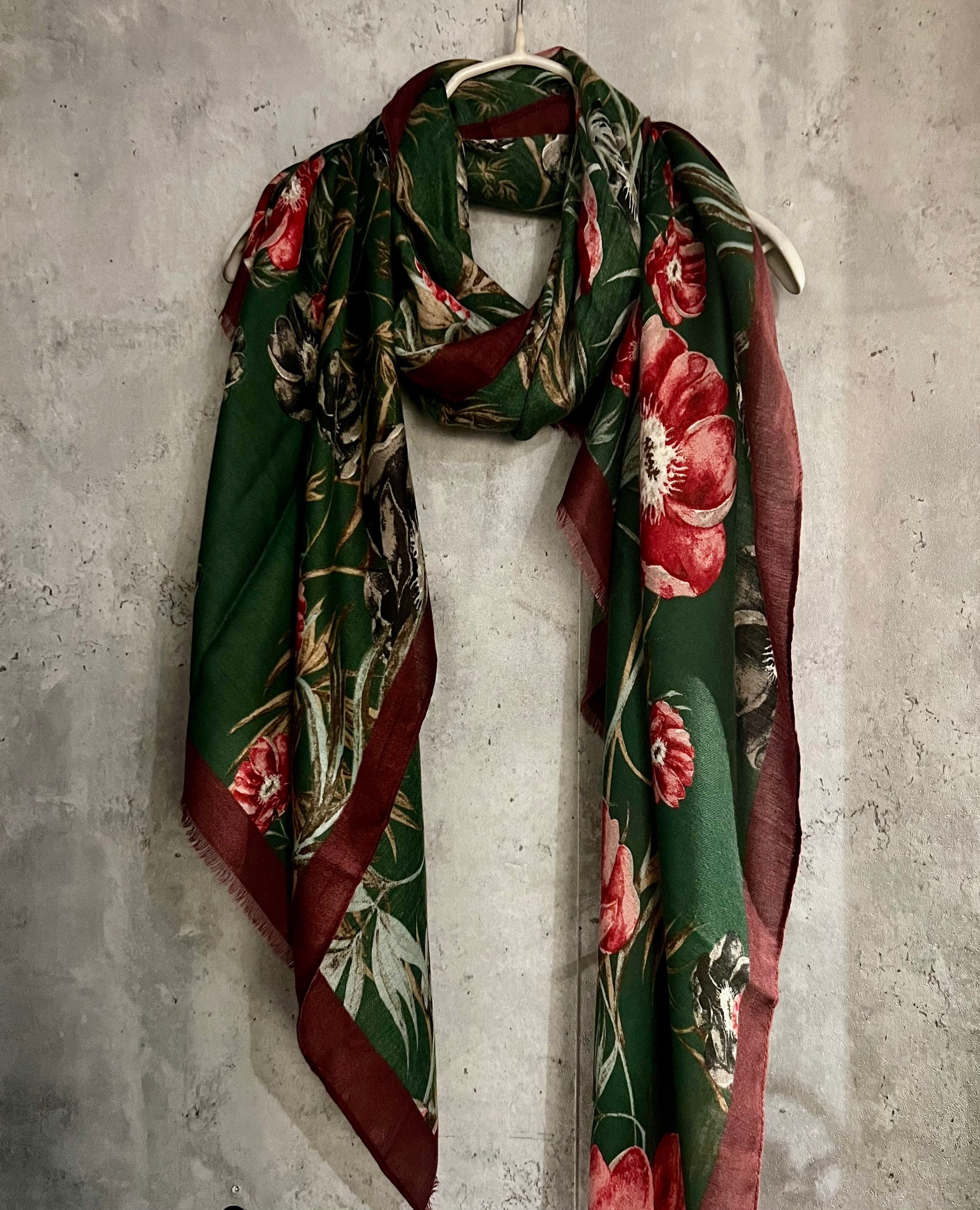 Vintage Poppy Flowers Green  Cotton Scarf
