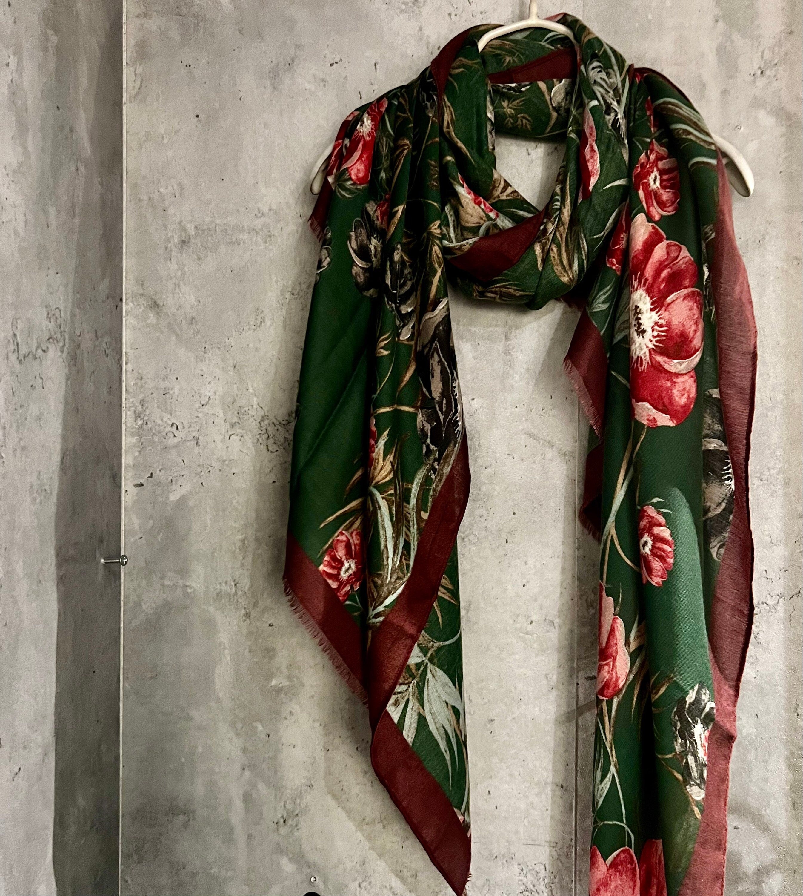 Vintage Poppy Flowers Green  Cotton Scarf