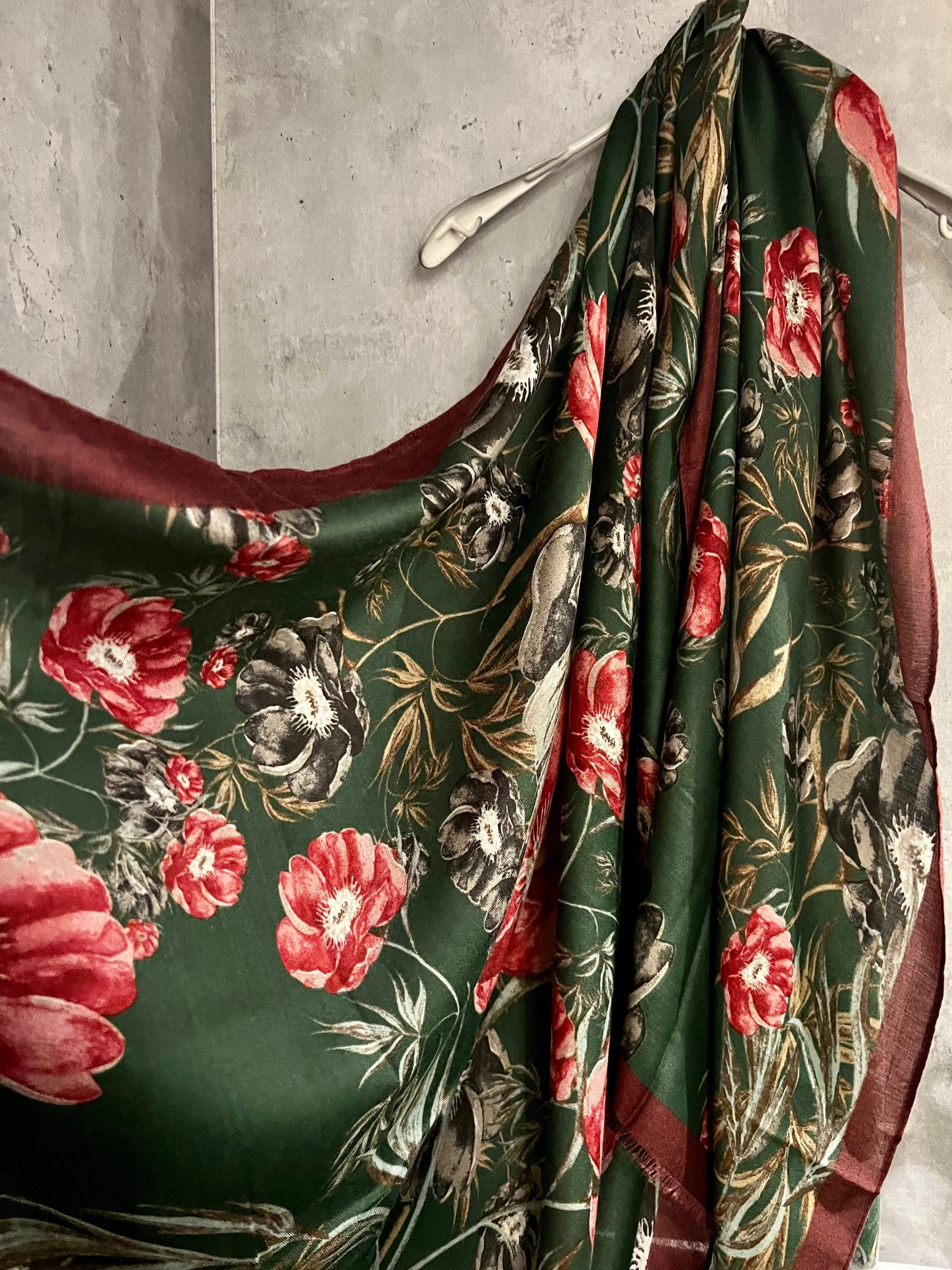 Vintage Poppy Flowers Green  Cotton Scarf