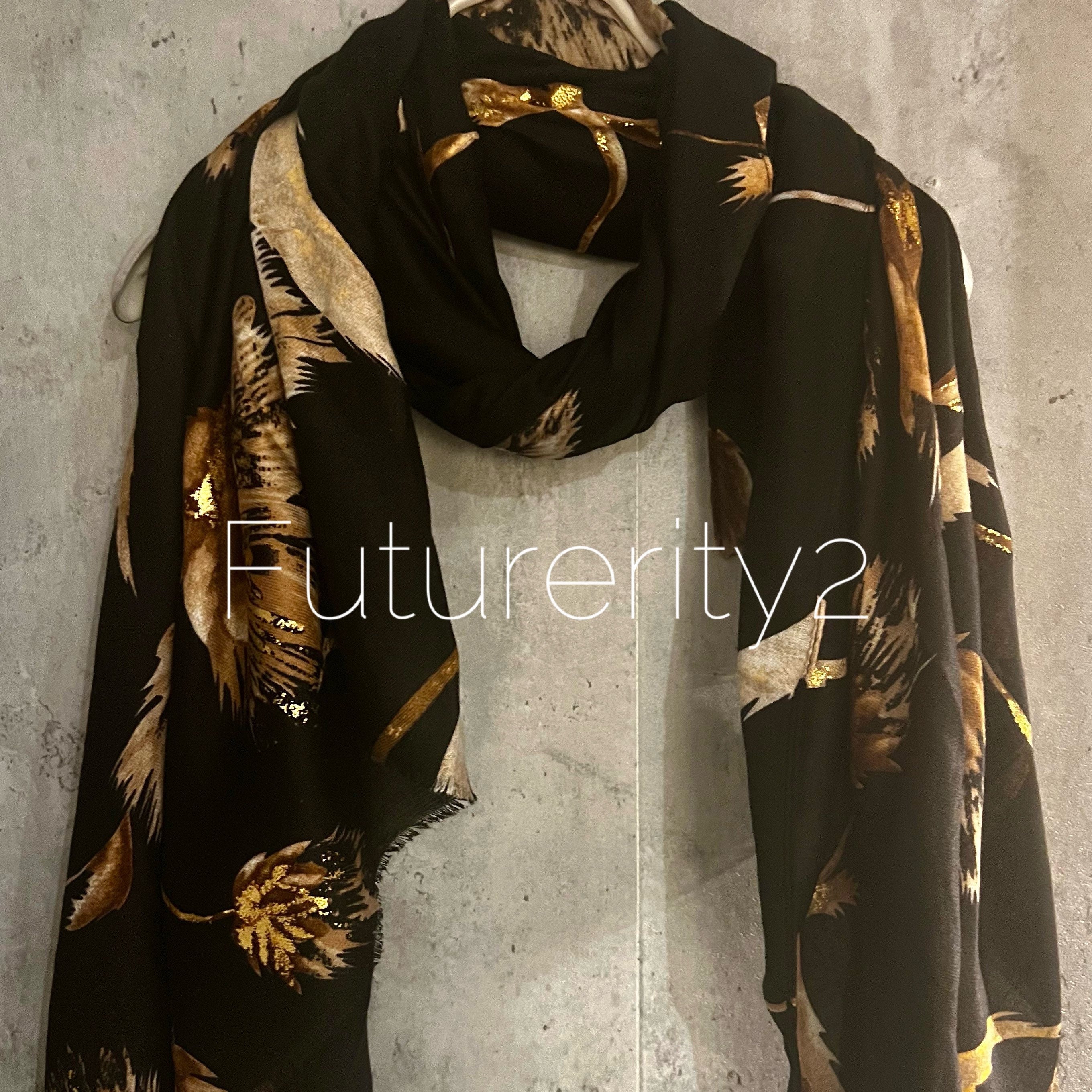 Thistle Flowers Gold Dusk Black Cotton Scarf