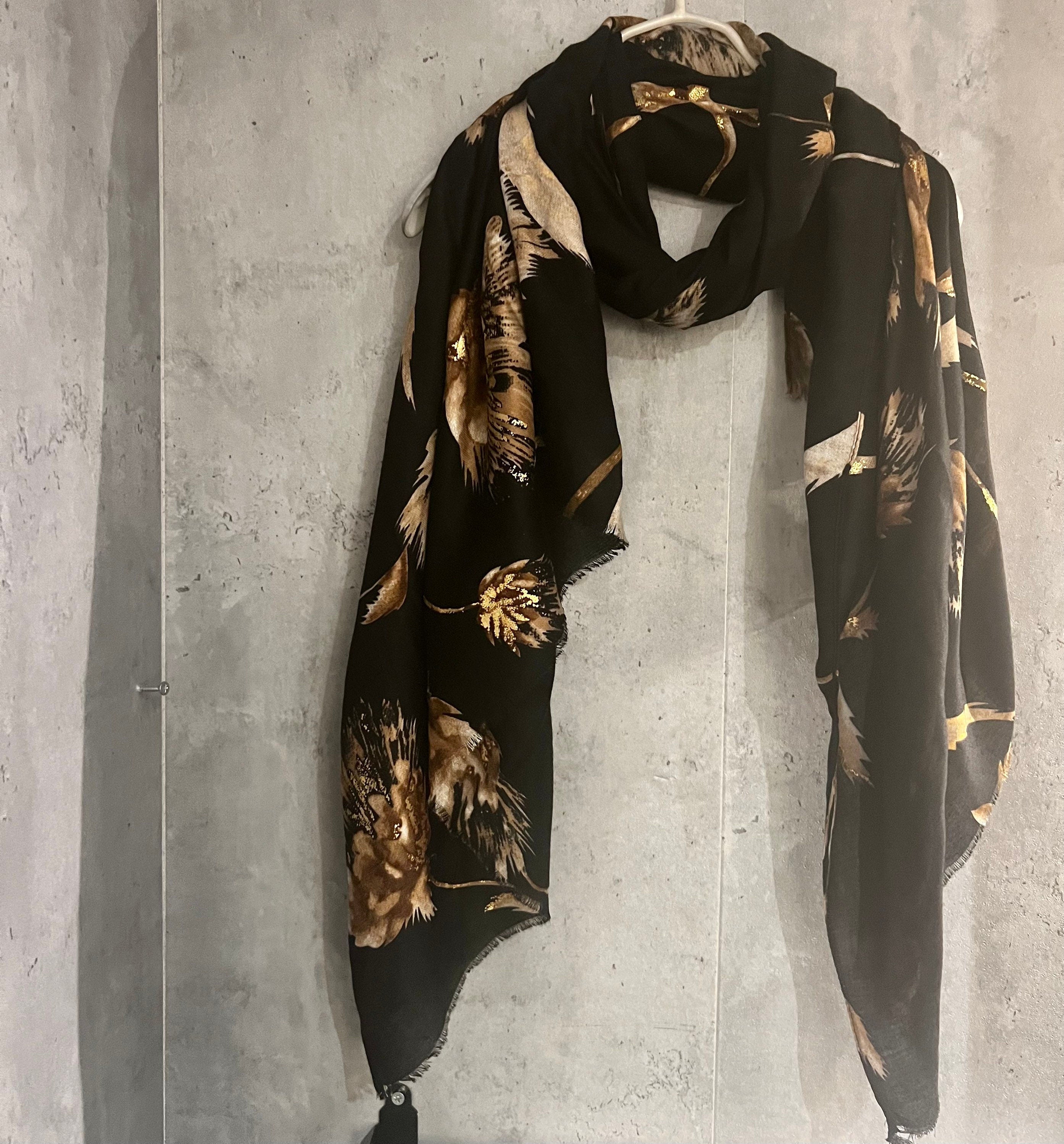 Thistle Flowers Gold Dusk Black Cotton Scarf