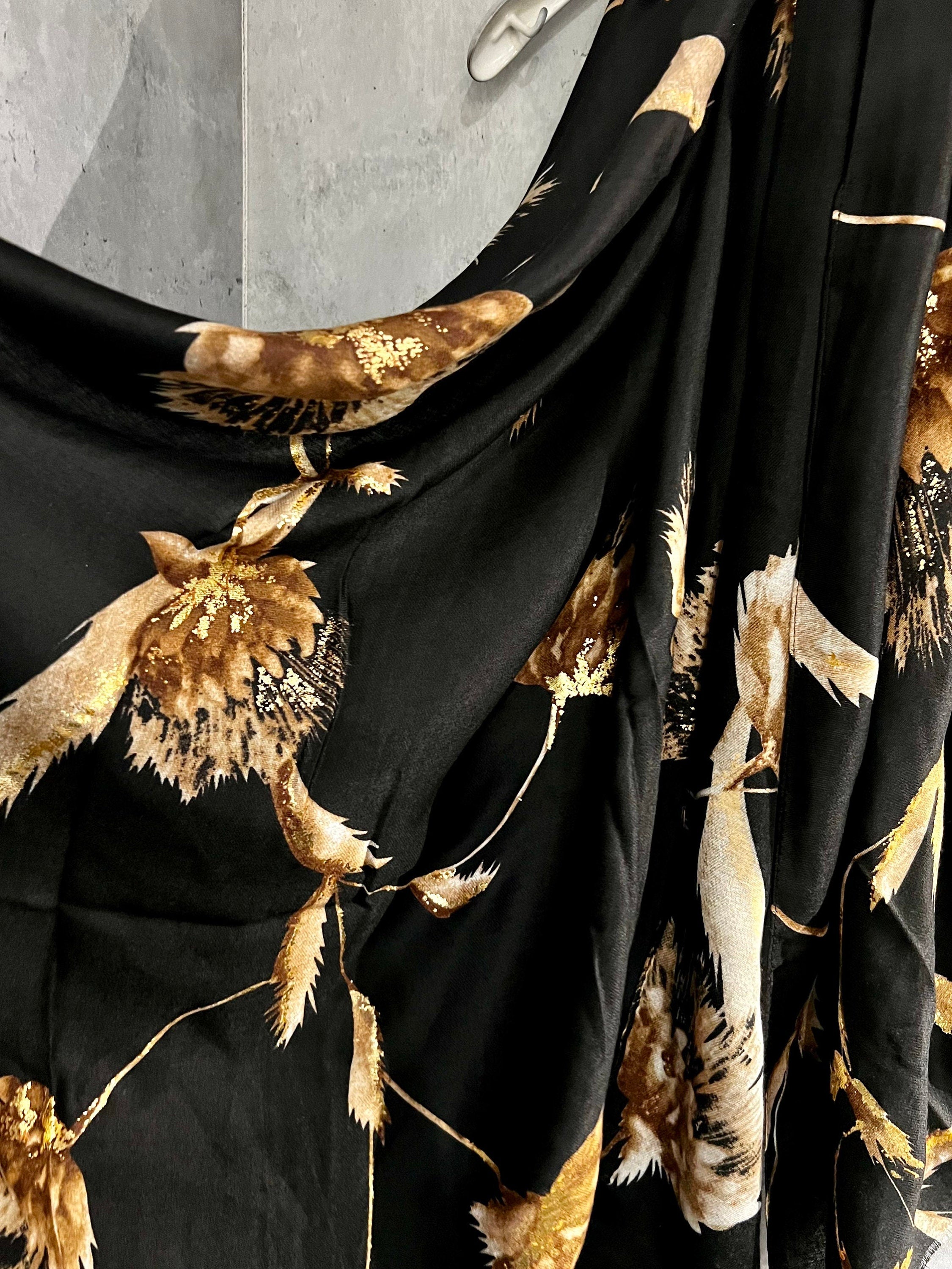 Thistle Flowers Gold Dusk Black Cotton Scarf