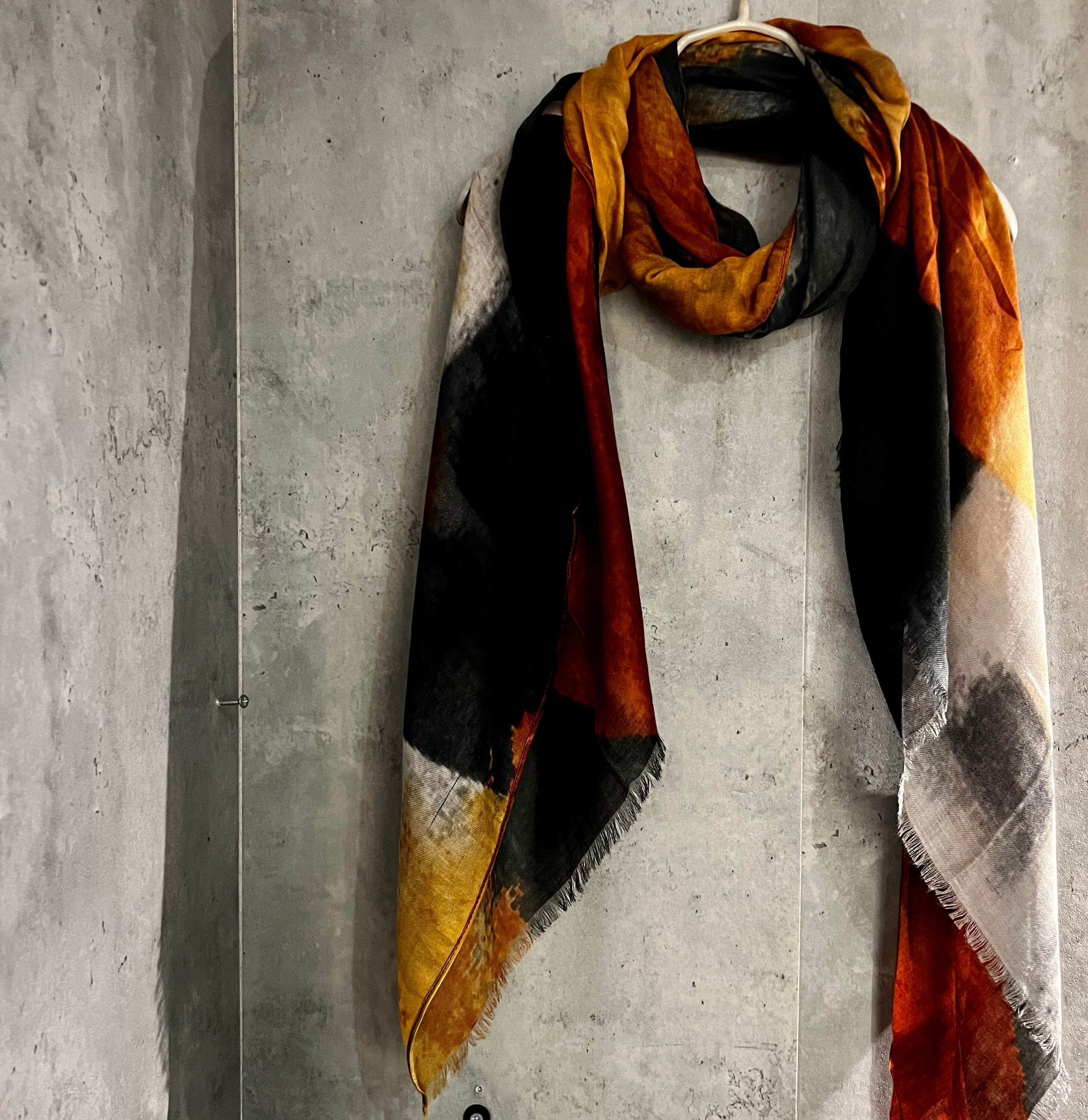 Brushstrokes Pattern Orange Black Cotton Blend Scarf