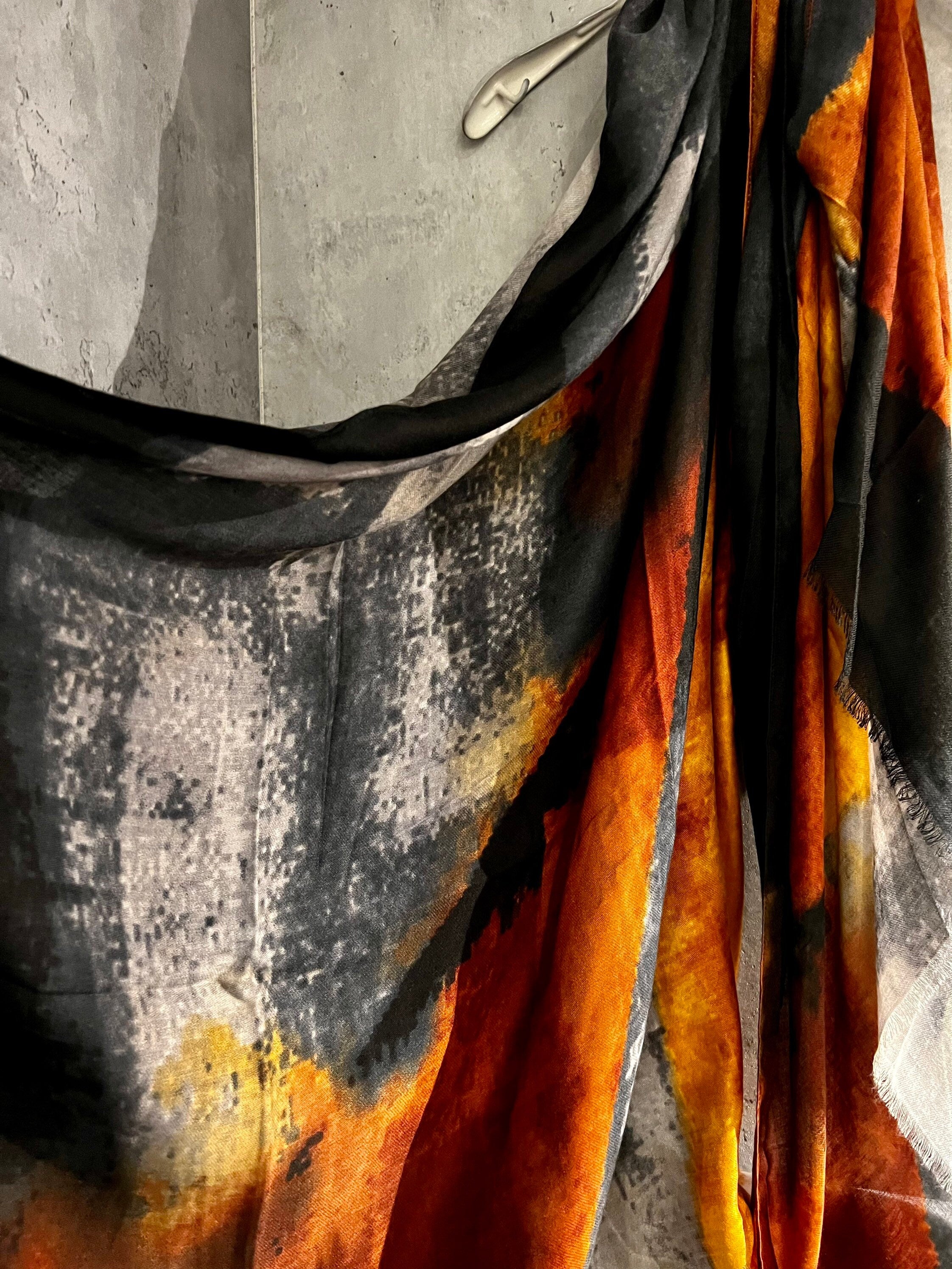 Brushstrokes Pattern Orange Black Cotton Blend Scarf