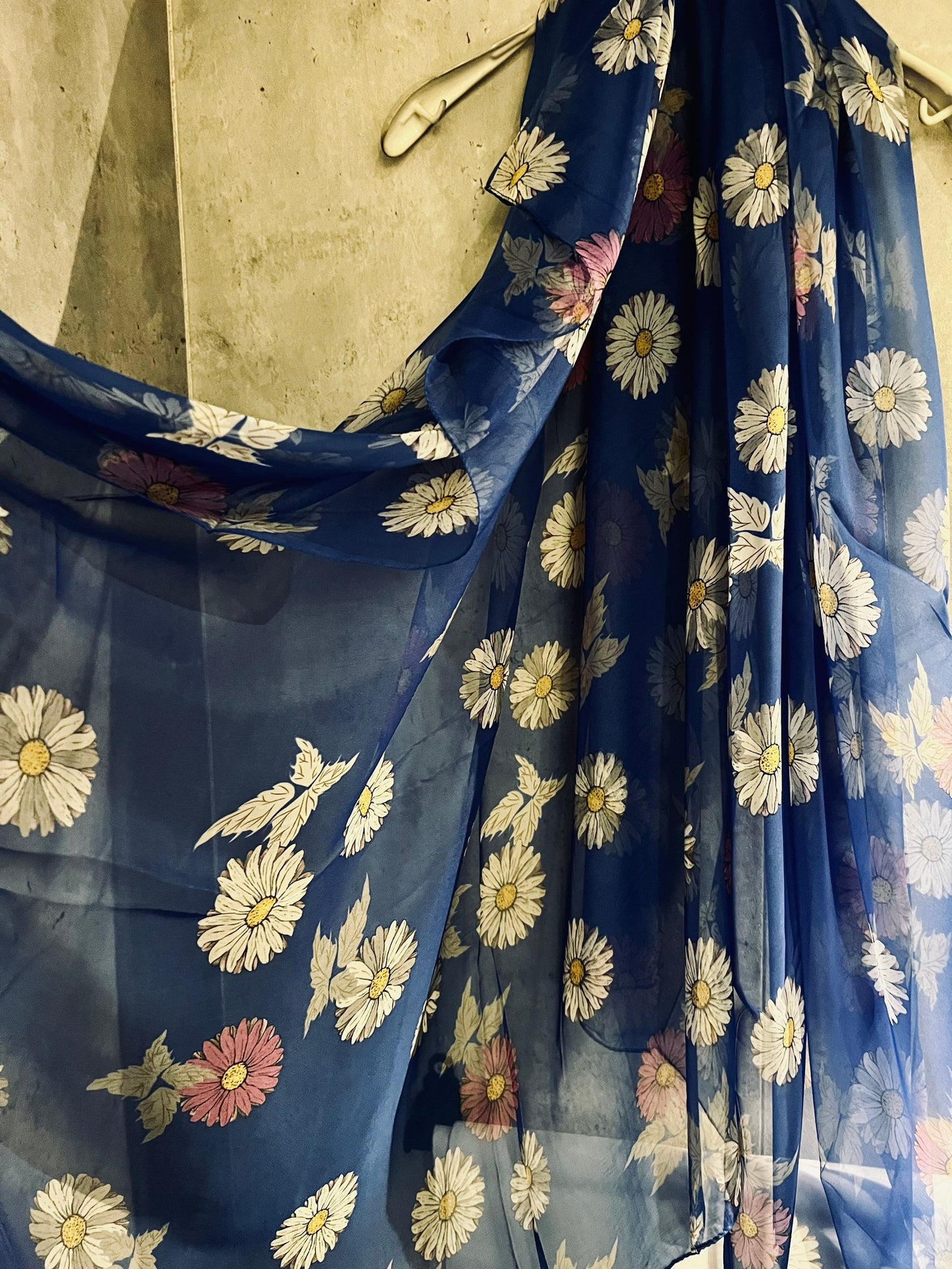 Daisy Flowers Pattern Blue Silk Blend Scarf,Spring Summer Autumn Scarf