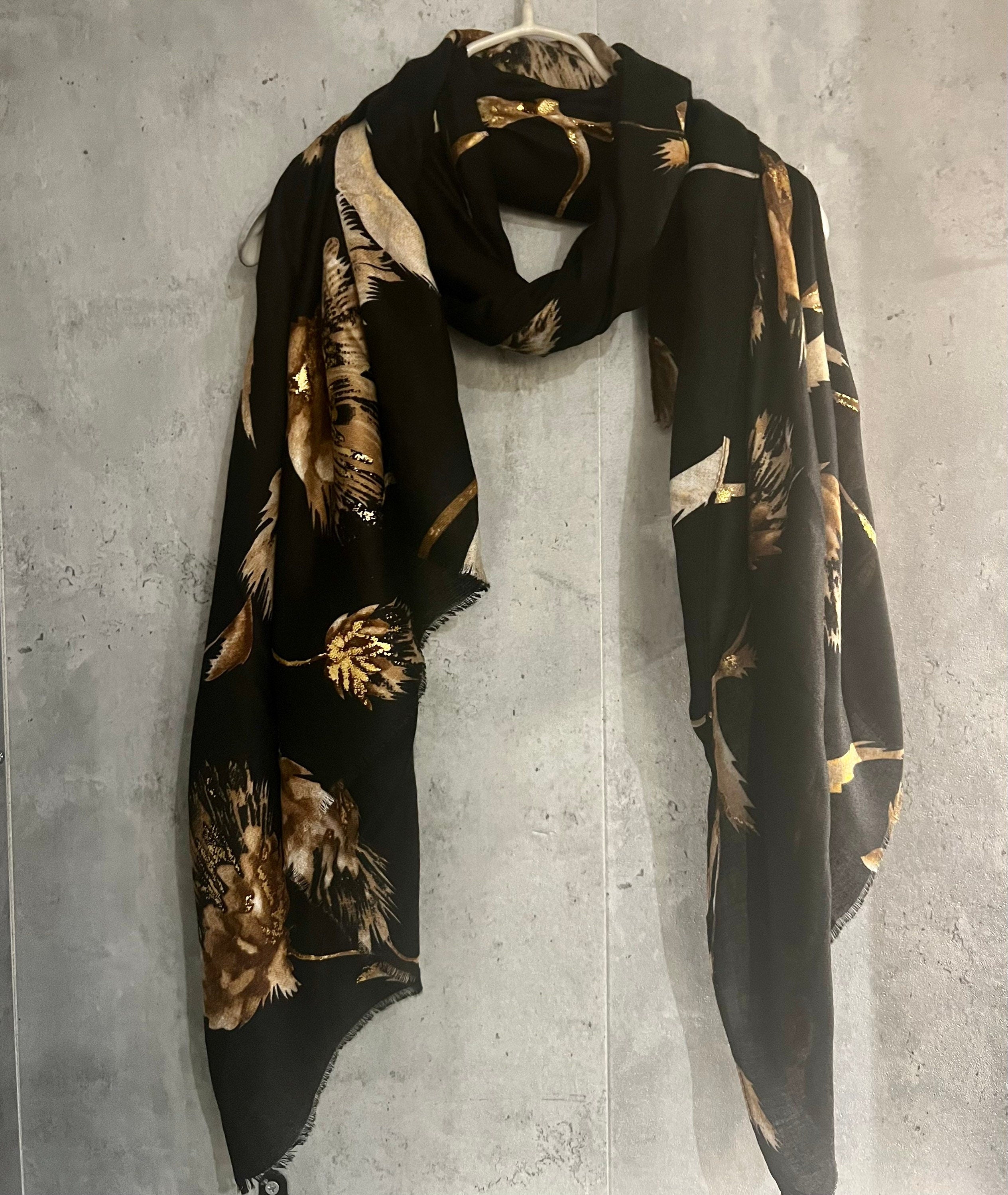Thistle Flowers Gold Dusk Black Cotton Scarf
