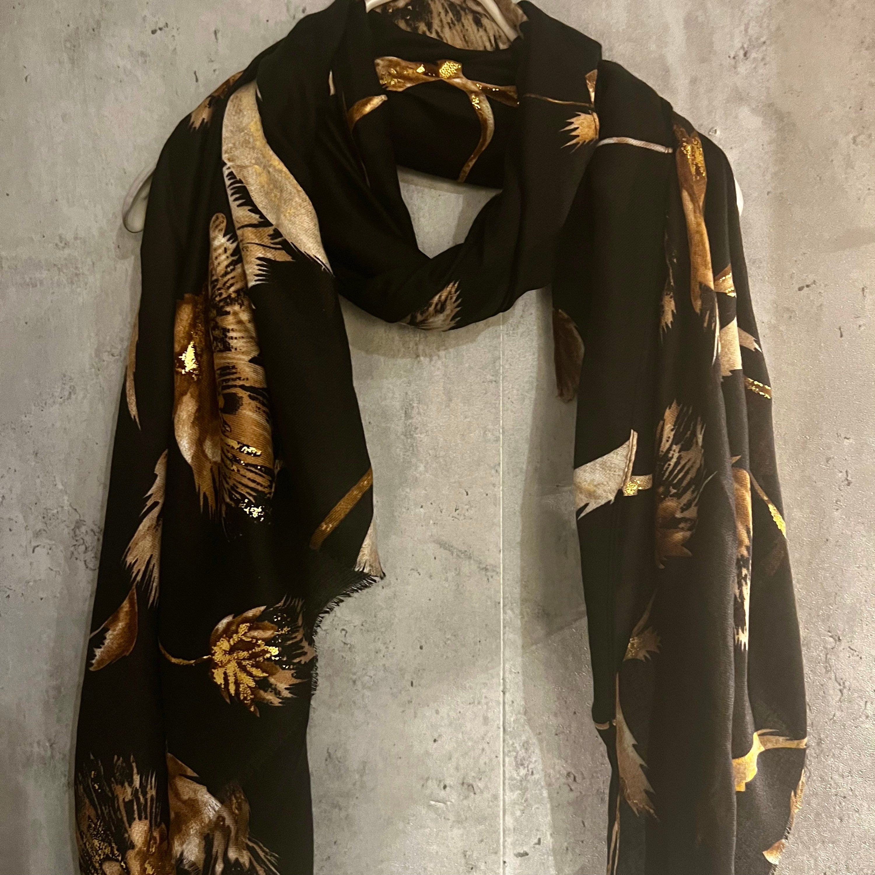 Thistle Flowers Gold Dusk Black Cotton Scarf
