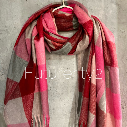 Checked Pattern Pink Red Beige Cashmere Blend Scarf,Autumn Winter Scarf