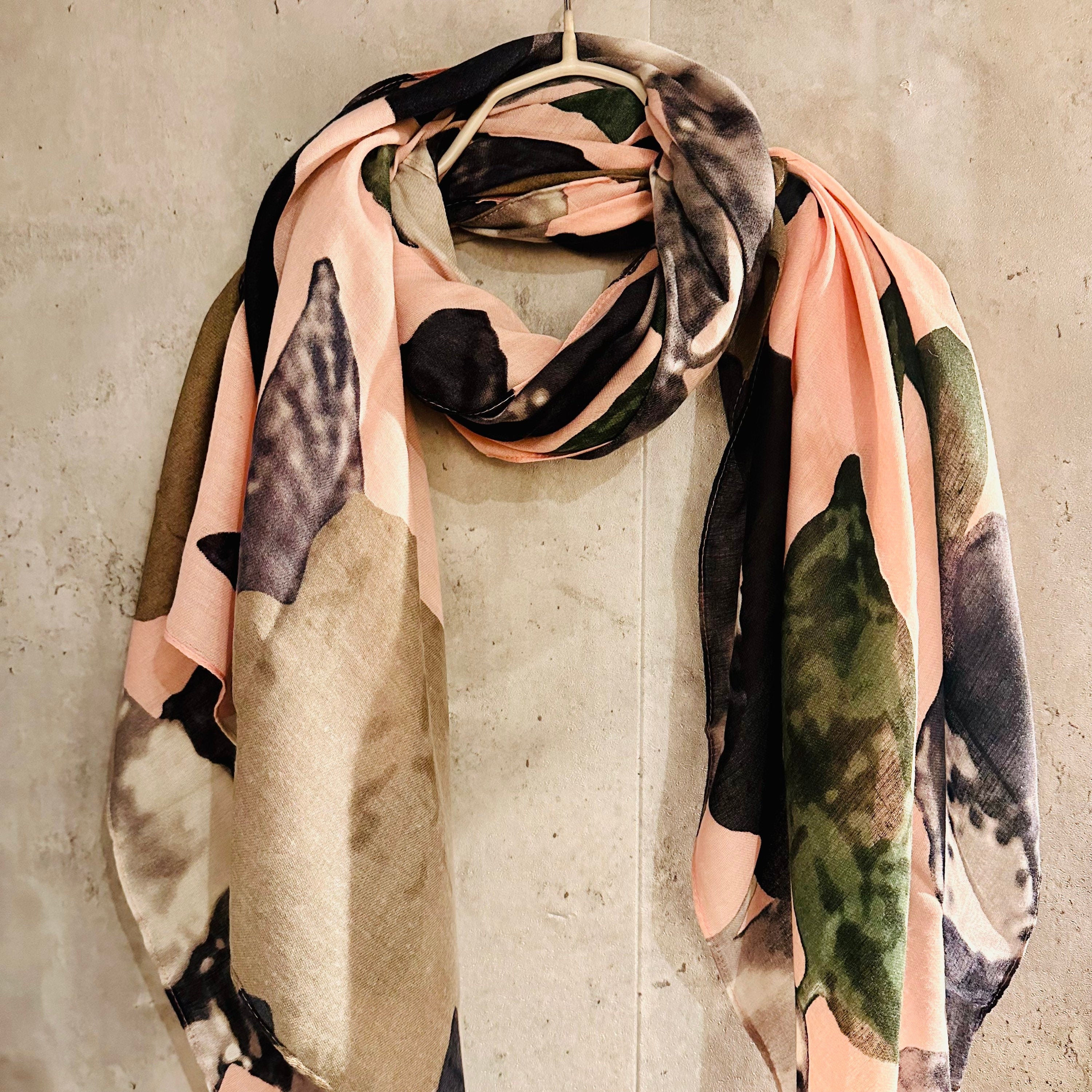 ECO Friendly Scarf Huge Flower Leaf Pink Grey Orange Organic Cotton Scarf