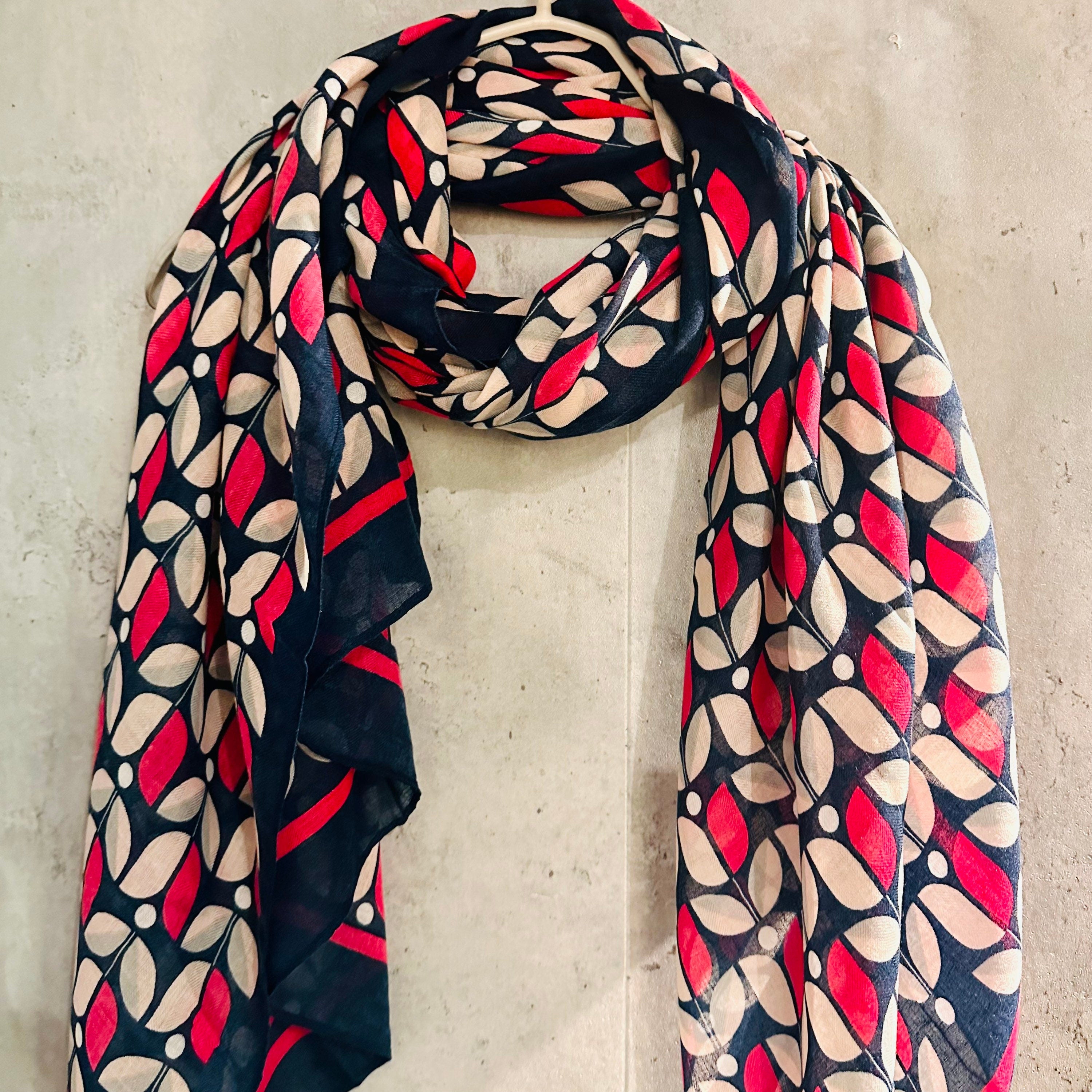 Blue Pink Organic Cotton Scarf with Eco-Friendly Retro Seamless Flowers