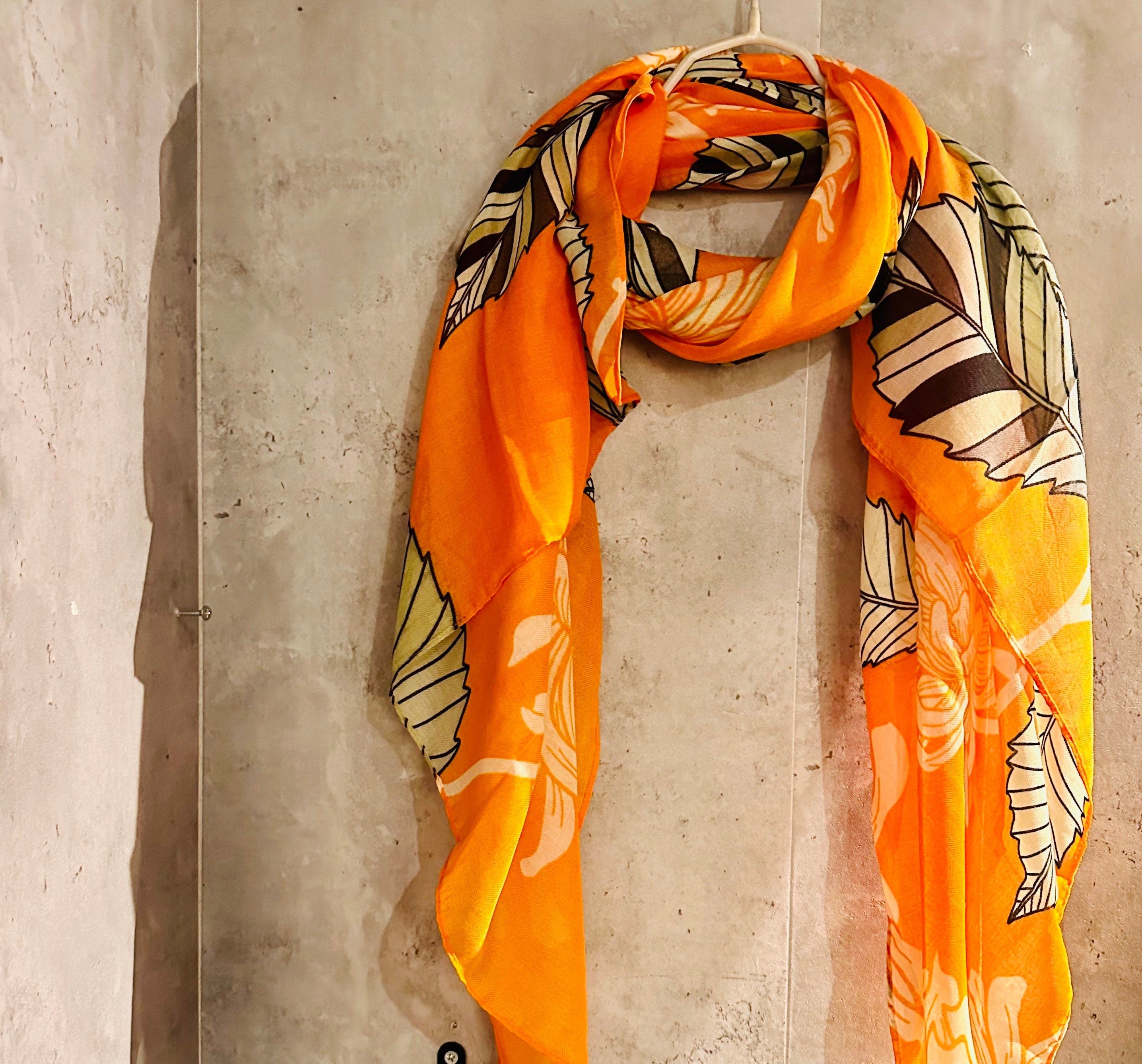 ECO Friendly Sketched Peony Flowers Leaves Organic Cotton Orange Scarf