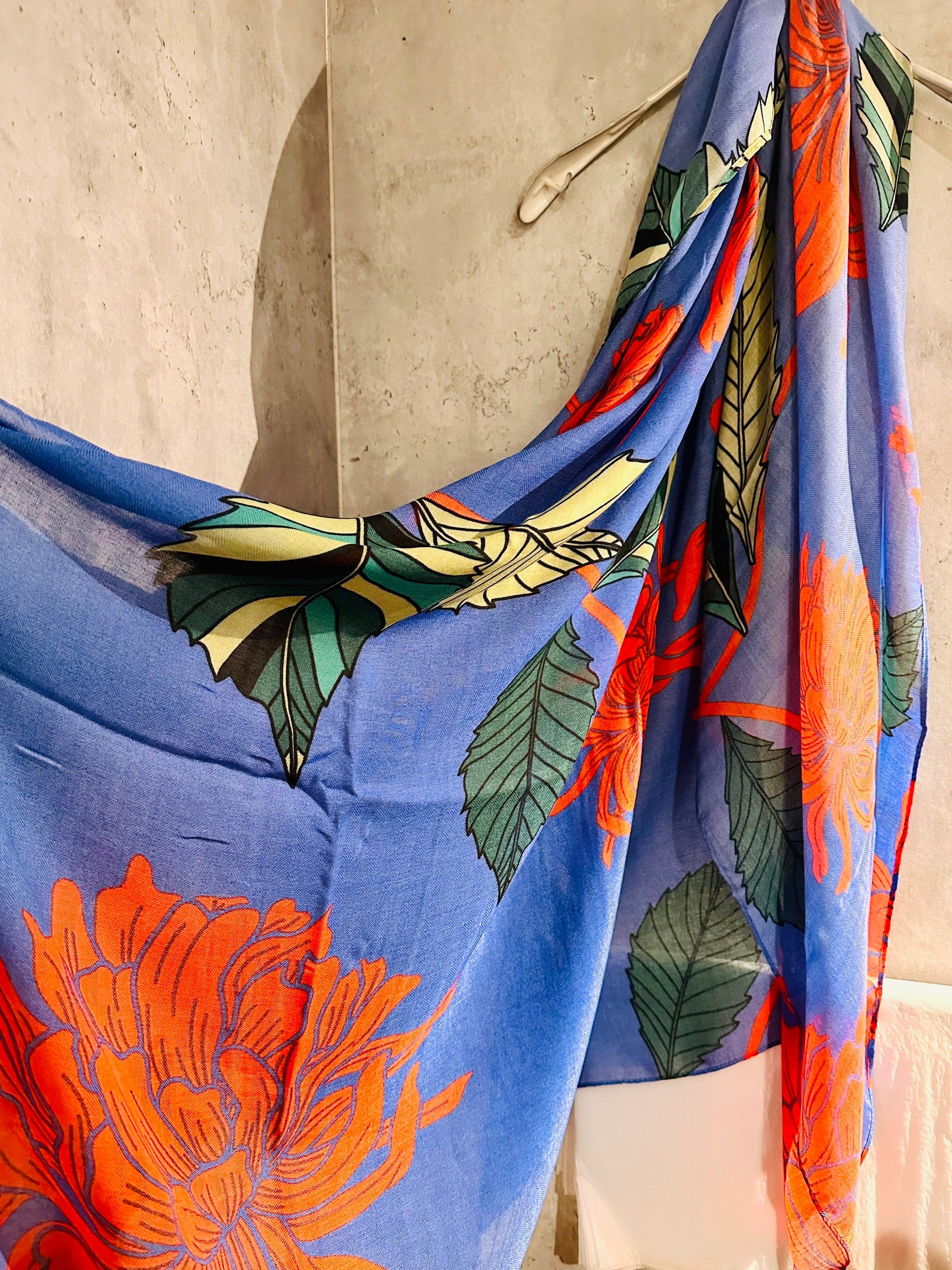 ECO Friendly Sketched Peony Flowers Leaves Organic Cotton Blue Scarf