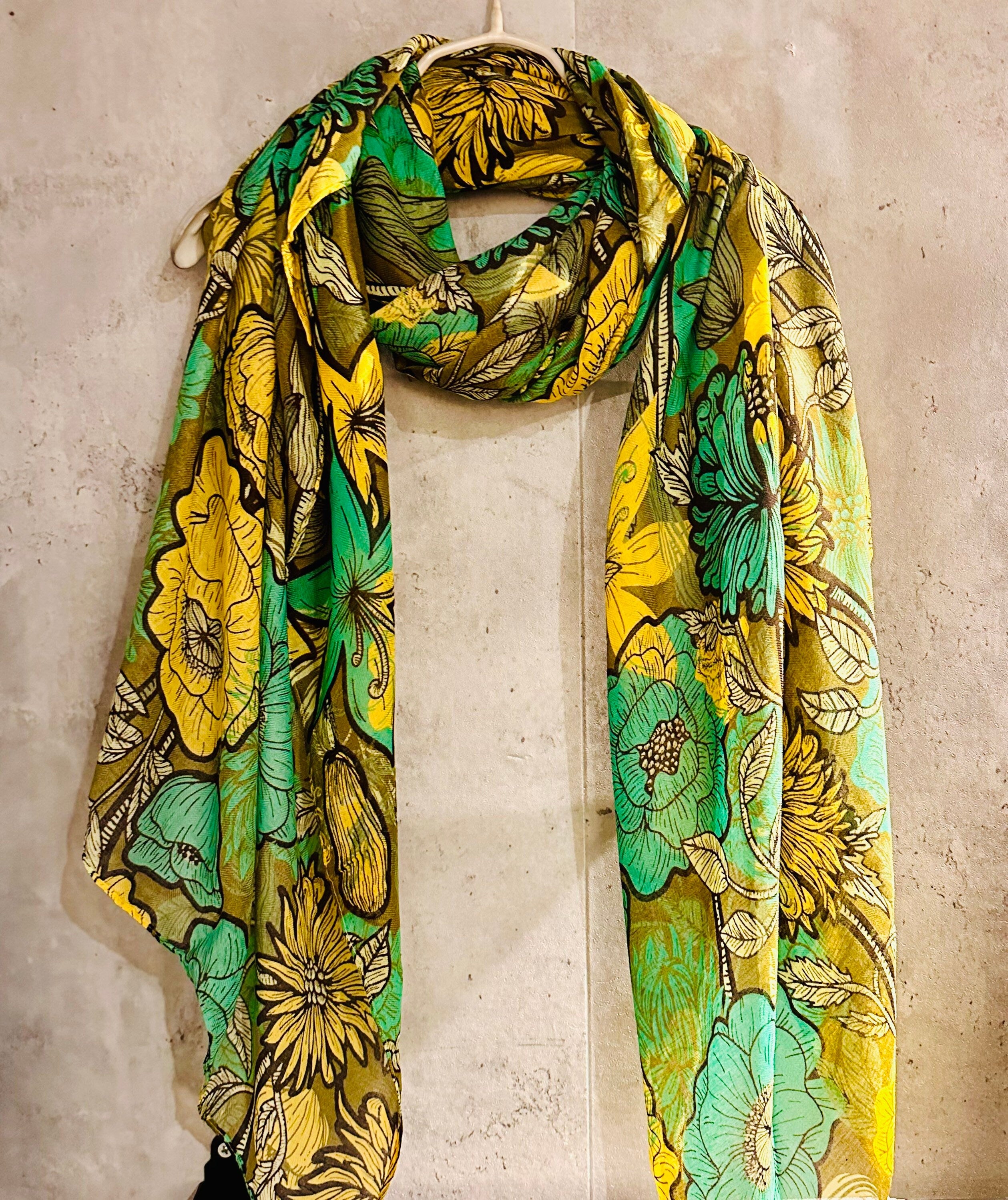 Green Yellow Organic Cotton Scarf with Sketched Flowers and Leaves