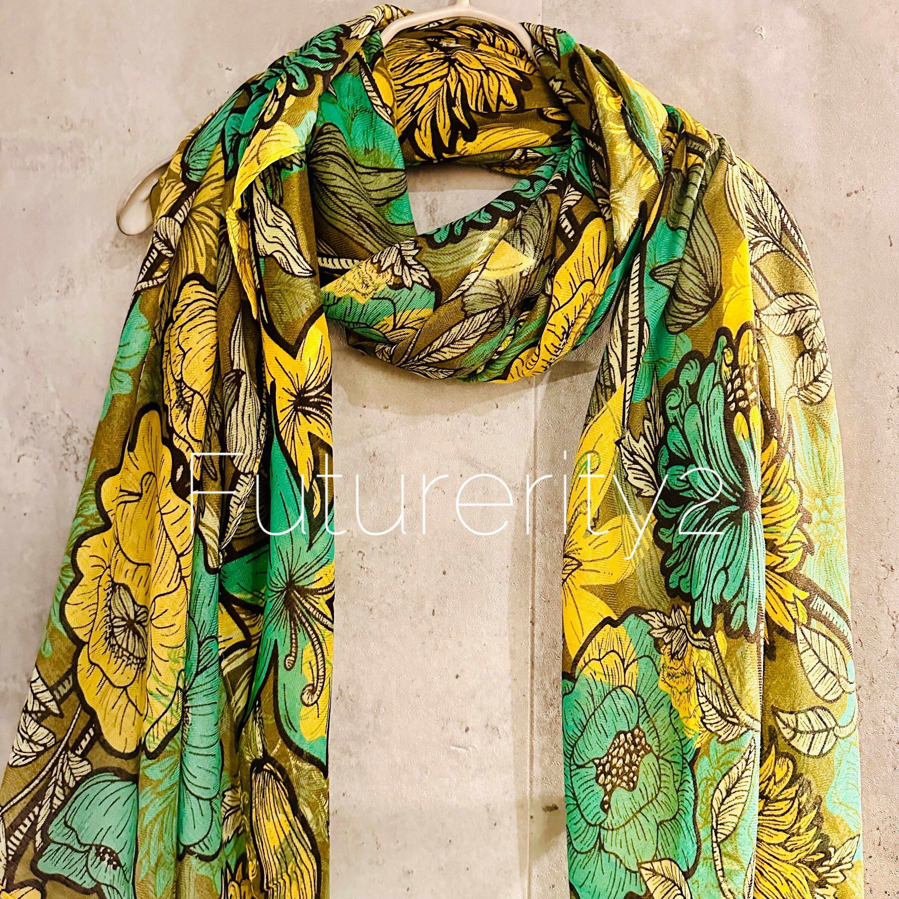 Green Yellow Organic Cotton Scarf with Sketched Flowers and Leaves