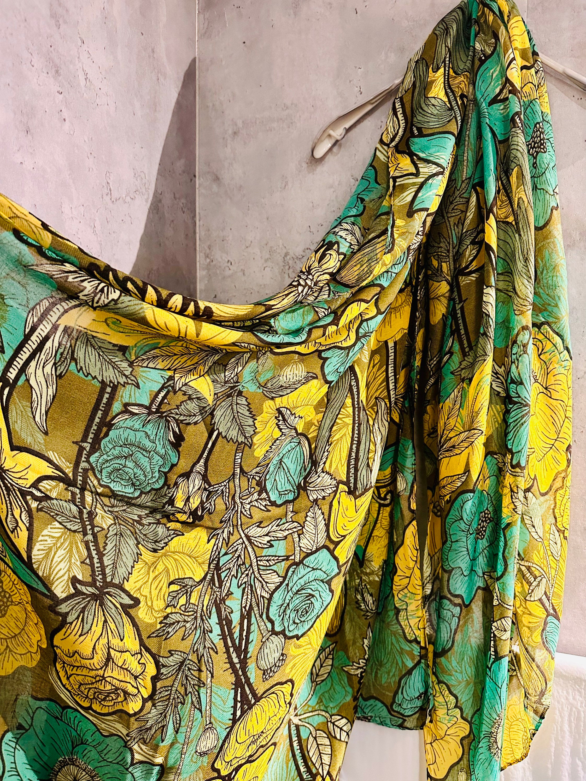 Green Yellow Organic Cotton Scarf with Sketched Flowers and Leaves