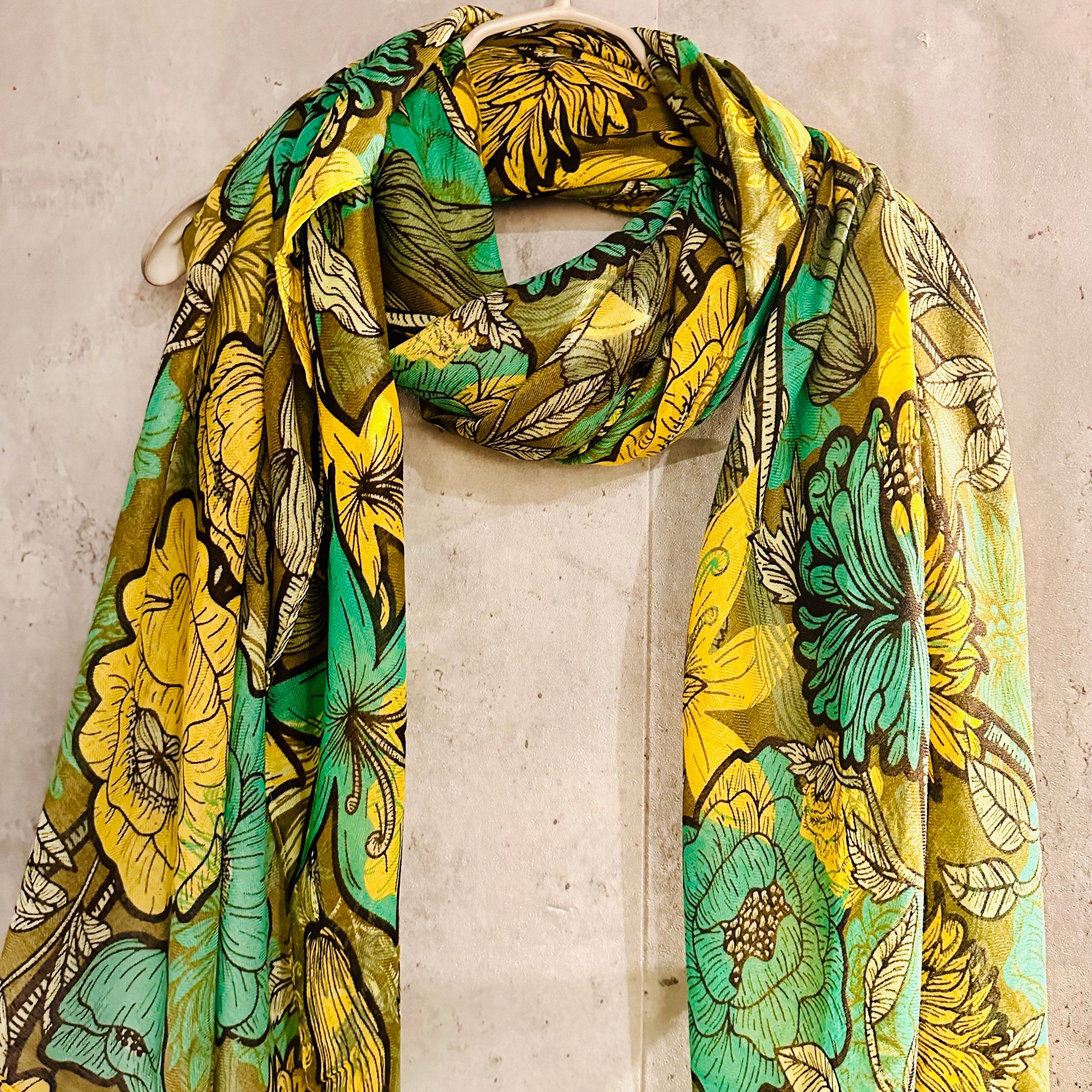 Green Yellow Organic Cotton Scarf with Sketched Flowers and Leaves