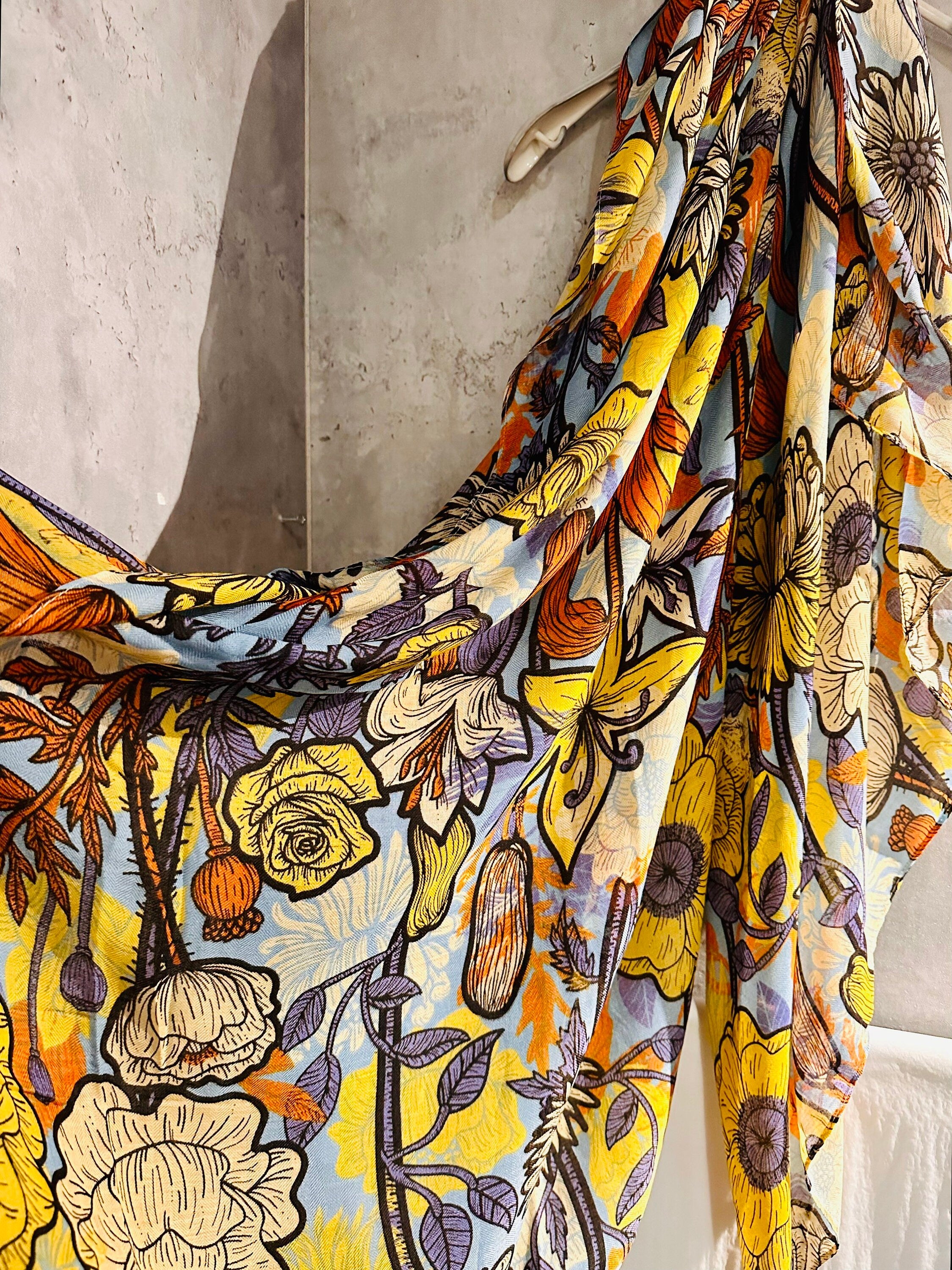 Yellow Organic Cotton Scarf with Sketched Flowers and Leaves – An Eco-Friendly Gift