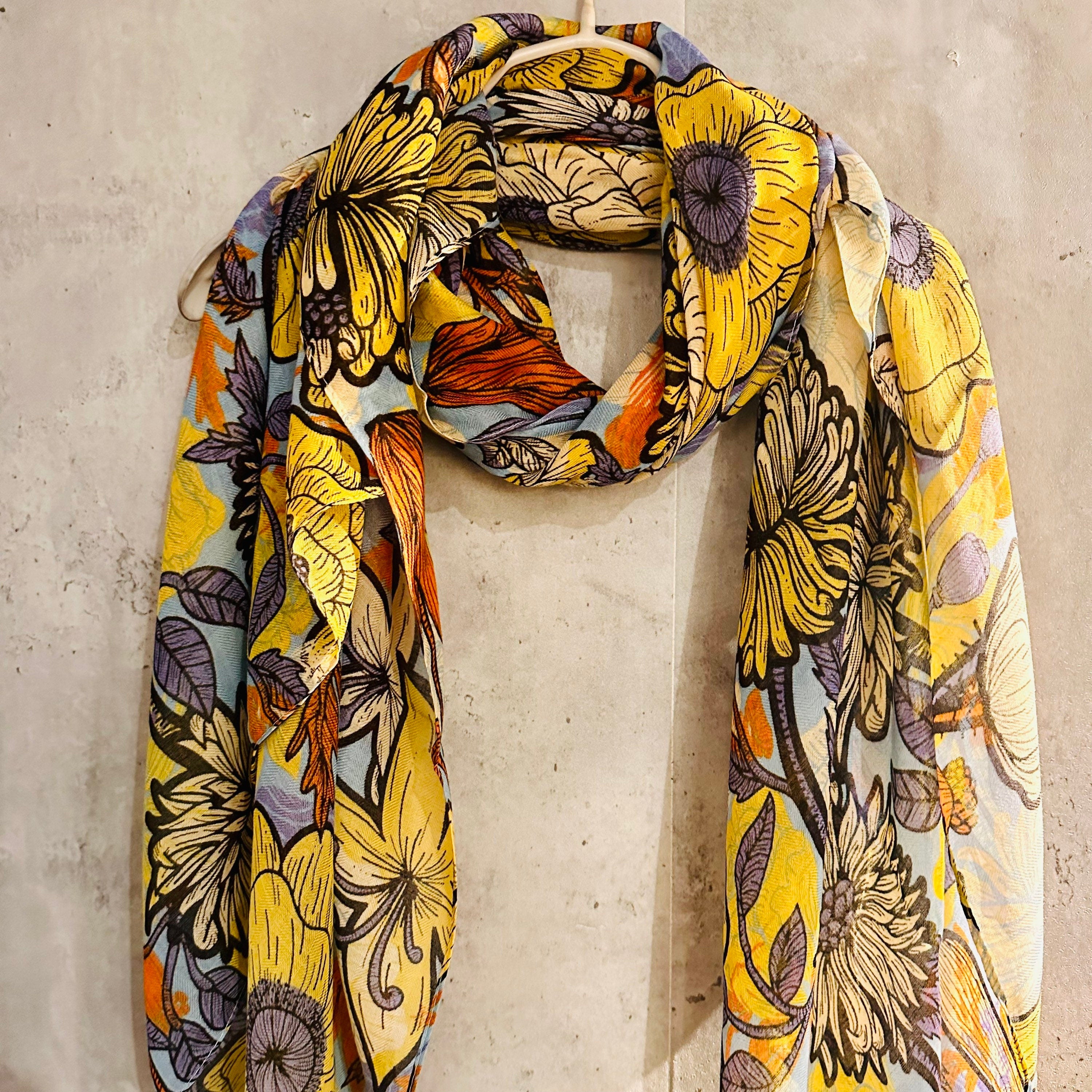 Yellow Organic Cotton Scarf with Sketched Flowers and Leaves – An Eco-Friendly Gift