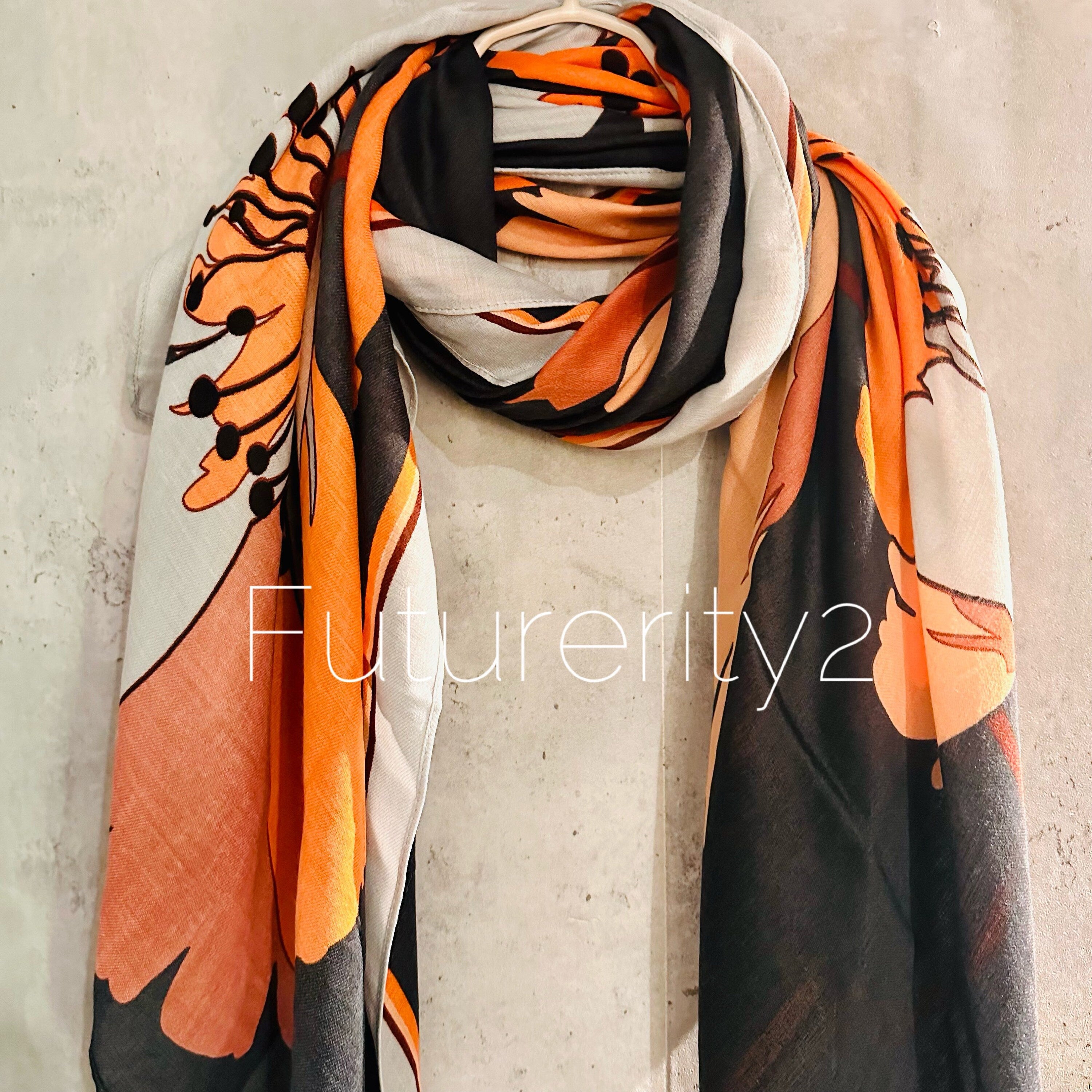 Orange Black Organic Cotton Scarf with Huge Sketched Peony Flower